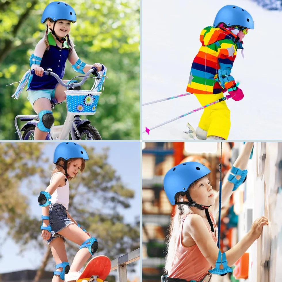 mizikuu Casco Bici Niño, 7 In 1 Set de Protecciónes Infantiles Adjustables Rodilleras Coderas y Muñequeras Almohadilla De Seguridad Protector para Patinar, Bicicleta, BMX, Monopatín, Aeropatín, Azul
