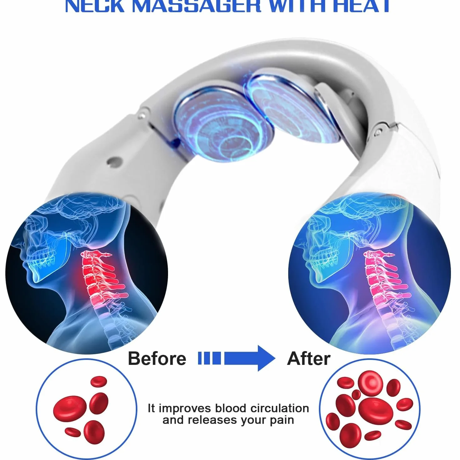 Masajeador Cuello Cervical Eléctrico Portátil, 3 Niveles Calefacción, 4 Modos Masaje, 15 Niveles Intensidad