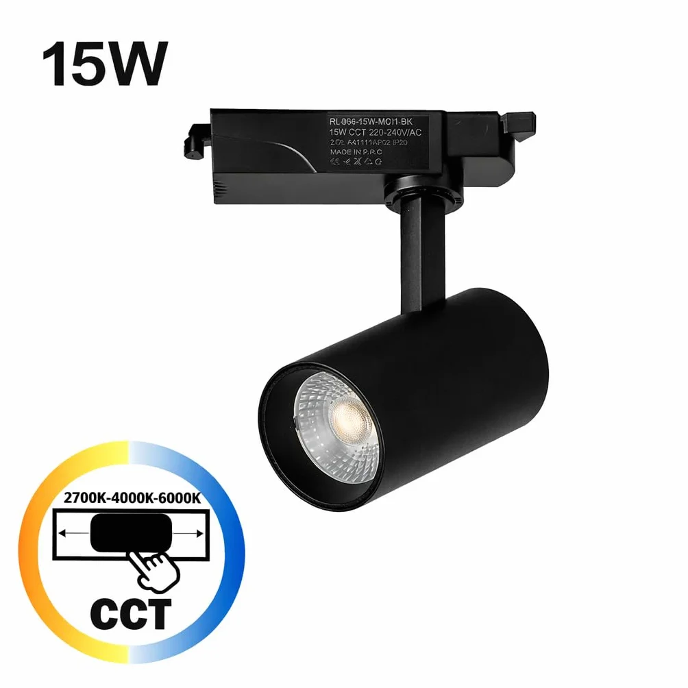 Alpinaluz Foco LED Carril Monofásico 15W 1500lm CCT Seleccionable 2700K-4000K-6000K Negro Mate 40°
