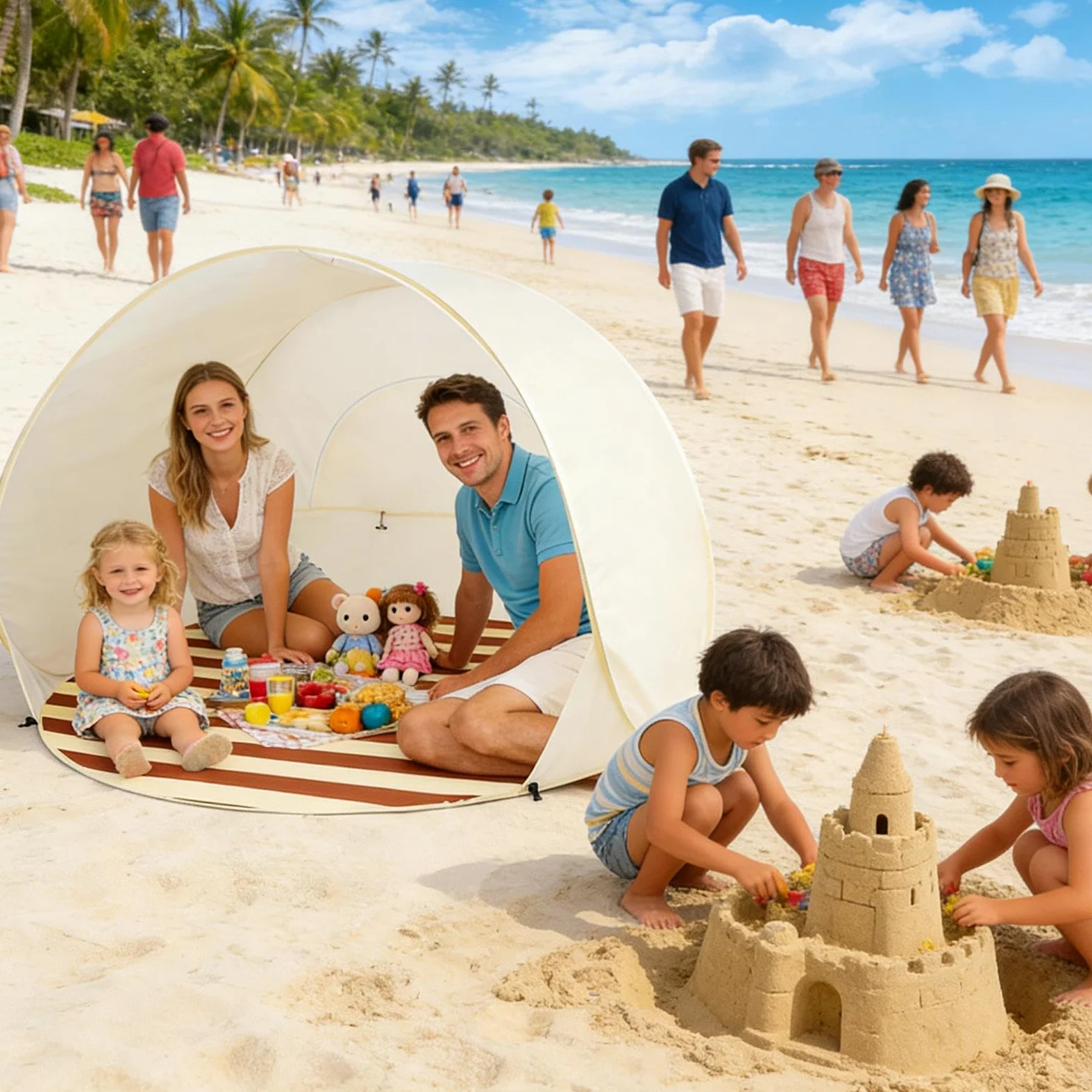 Tienda de Playa con protección Solar Impermeable y Plegable | para playa para 3 personas, camping, senderismo, viajes, aire libre, verano, parque, familia