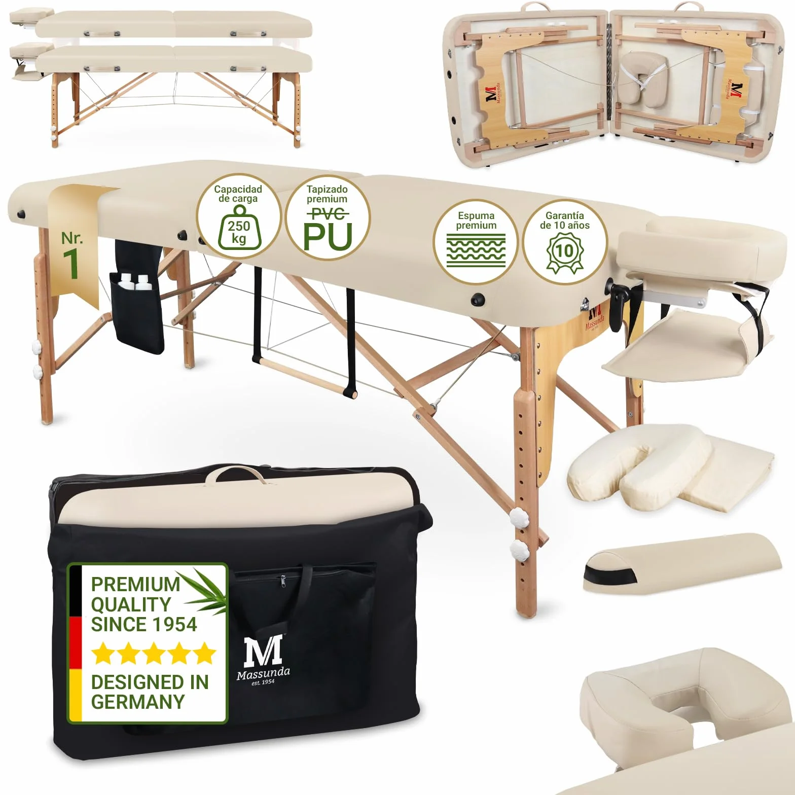 MASSUNDA Camilla Masaje Móvil Confort Deluxe Regulable en Altura Madera Maciza con Reposacabezas Ergonómico, Funda, Reposabrazos, Cojín (Negro)