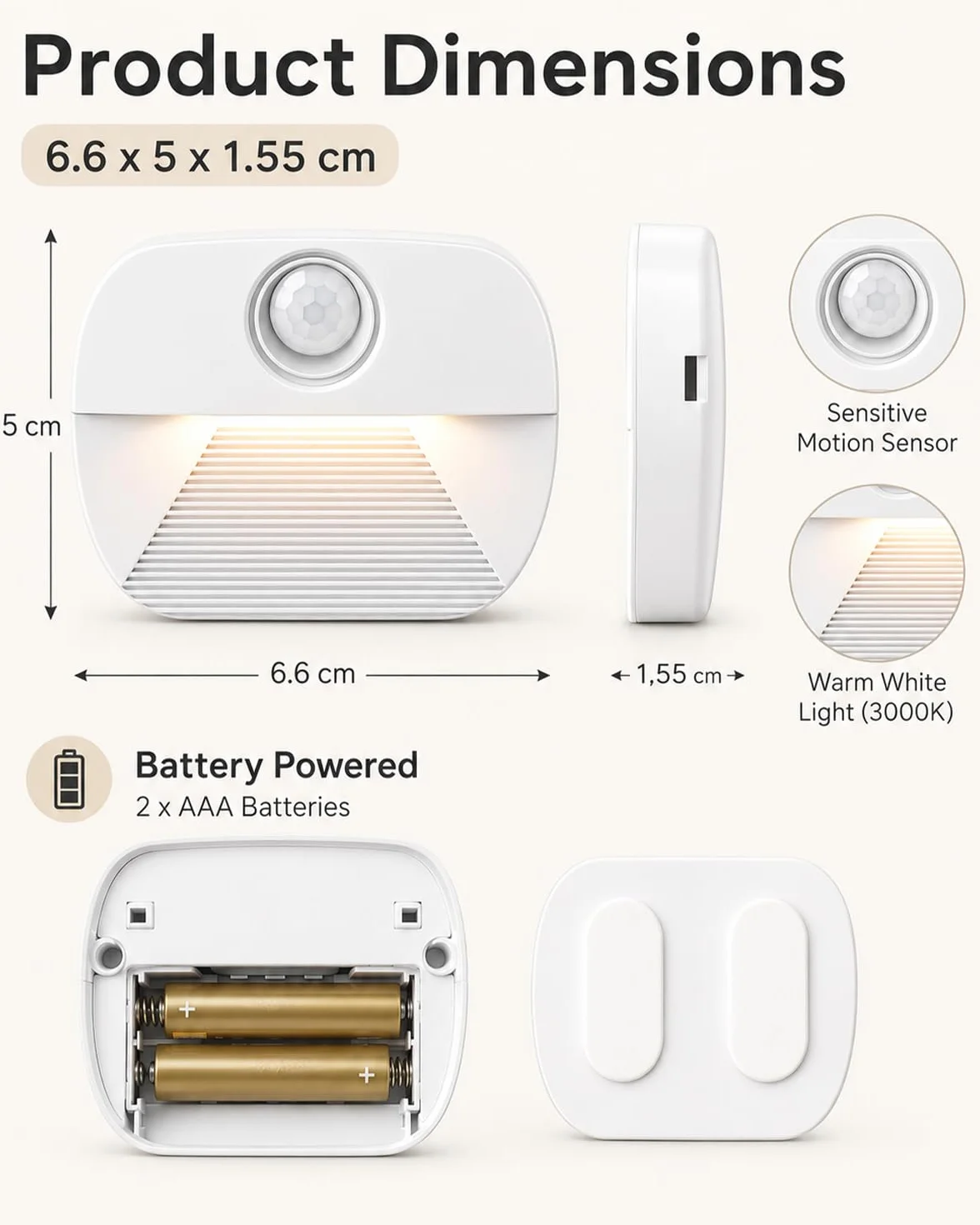 Luz nocturna LED con detector de movimiento, 4 unidades, funciona con pilas, interior para escaleras y pasillo