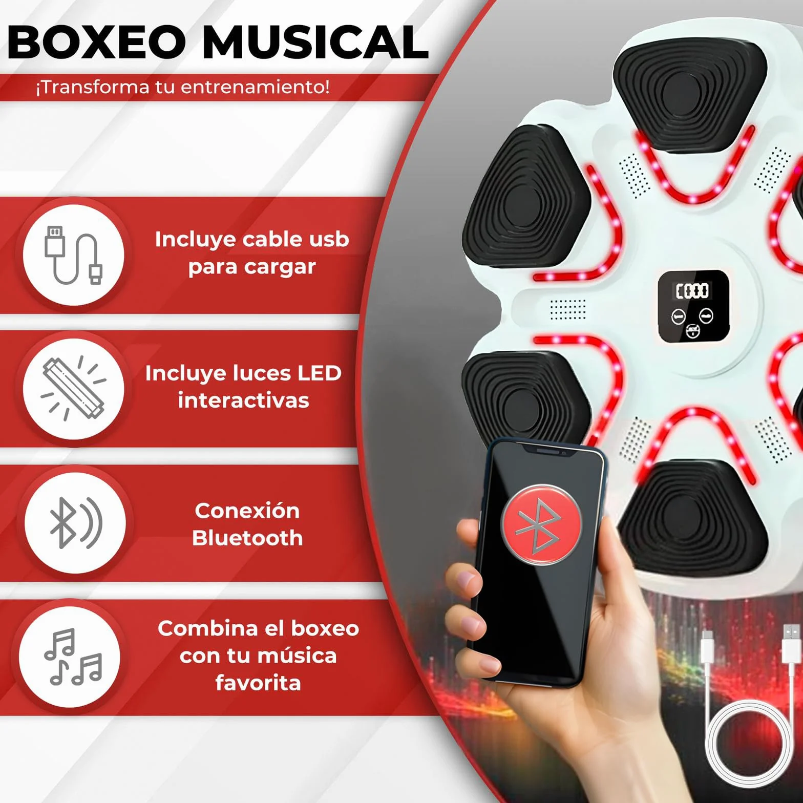 Arcanix Boxeo Pared Musical con Guantes de Boxeo - Maquina Boxeo Musical Pared Bluetooth Panel con Musica Punch Luces 9 Velocidades