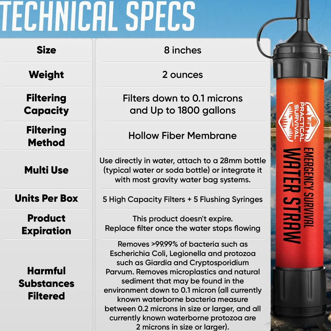 5 pajitas de agua de supervivencia de emergencia de alta capacidad, filtro de agua personal para camping, senderismo, viajes, ciclismo, supervivencia, preparación para emergencias, ligero,