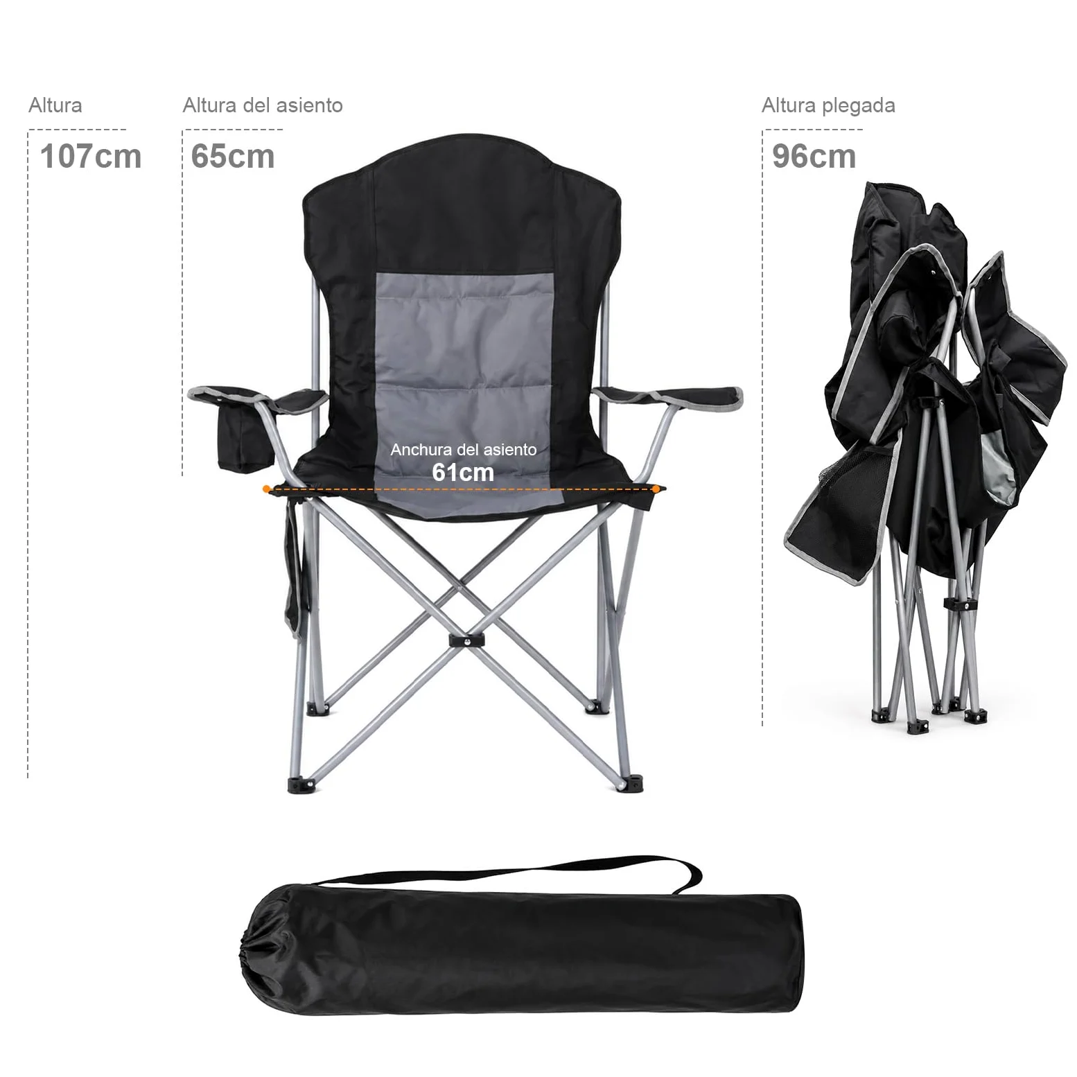 Silla de Camping Plegable, Capacidad de Carga 160 kg, Respaldo Alto, Asiento Amplio, Acolchada con Algodón, Silla de Camping XXL Cómoda Silla de Pesca para Acampadas, Festivales, Playa y Jardín