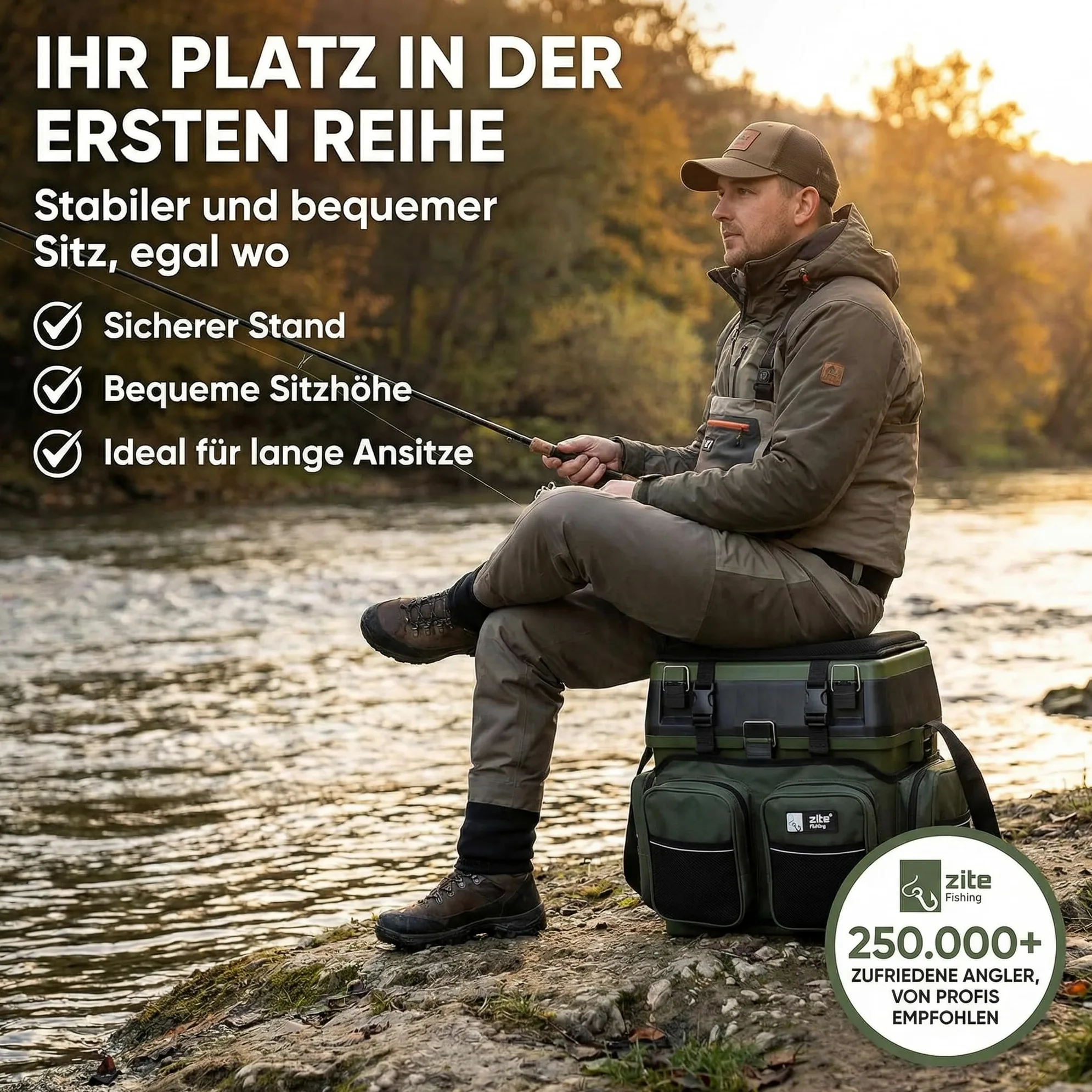 Zite Fishing Mochila Multifuncional con Asiento - Incluye 4 Cajas de plástico en la Tapa - Ideal para Guardar Accesorios de Pesca