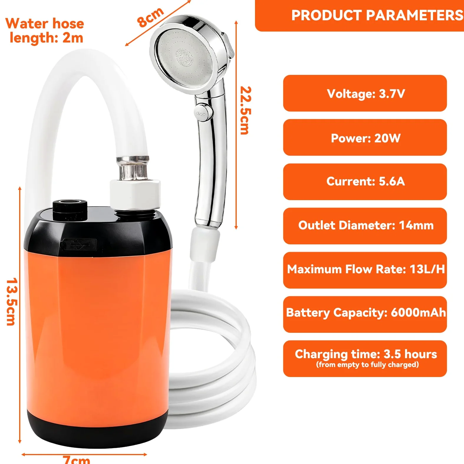 Ducha de Camping portátil con batería y Bomba, Pantalla inteligente bomba de agua autocebante ajustable de dos niveles con manguera de ducha y accesorios, 6000 mAh, valor Wh 22.2.