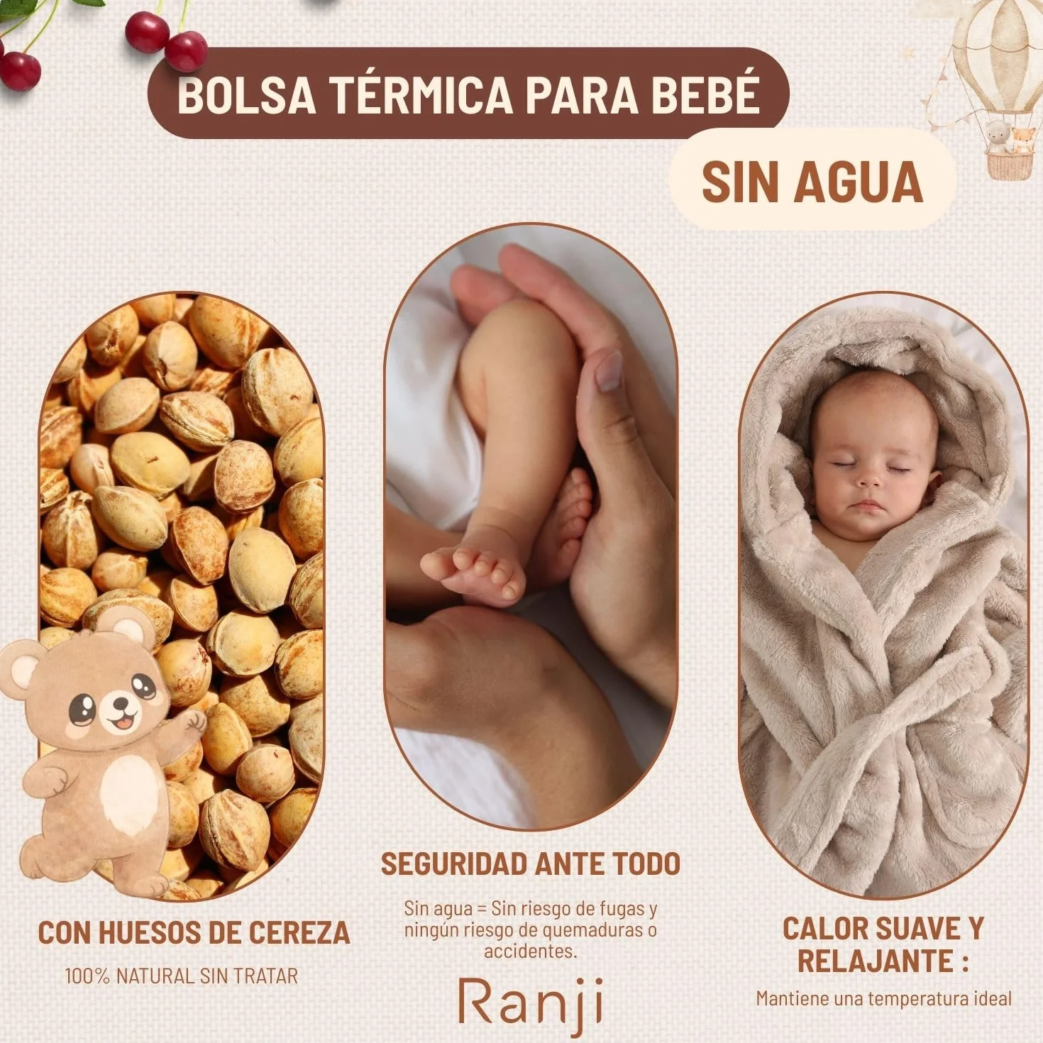 Cinturón Anticólicos Bebé con Huesos de Cereza - Saquito de Semillas para Cólicos Bebé Recién Nacido, Algodón Orgánico GOTS & Certificación OEKO-TEX, Apto Microondas (Osito)