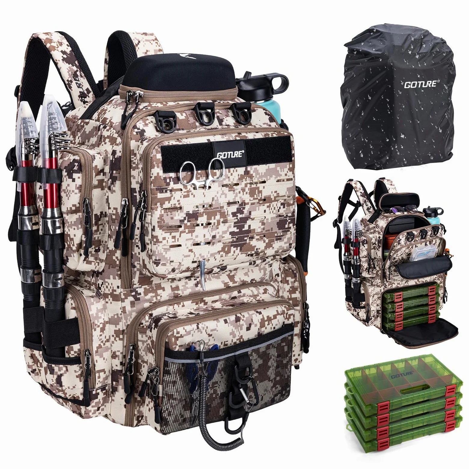 Goture Mochila de pesca con 4 cajas de cebo de pesca, mochila de accesorios de pesca de 55 litros con dos soportes para cañas y protector de lluvia, tela Oxford 900D, bolsa impermeable para aparejos