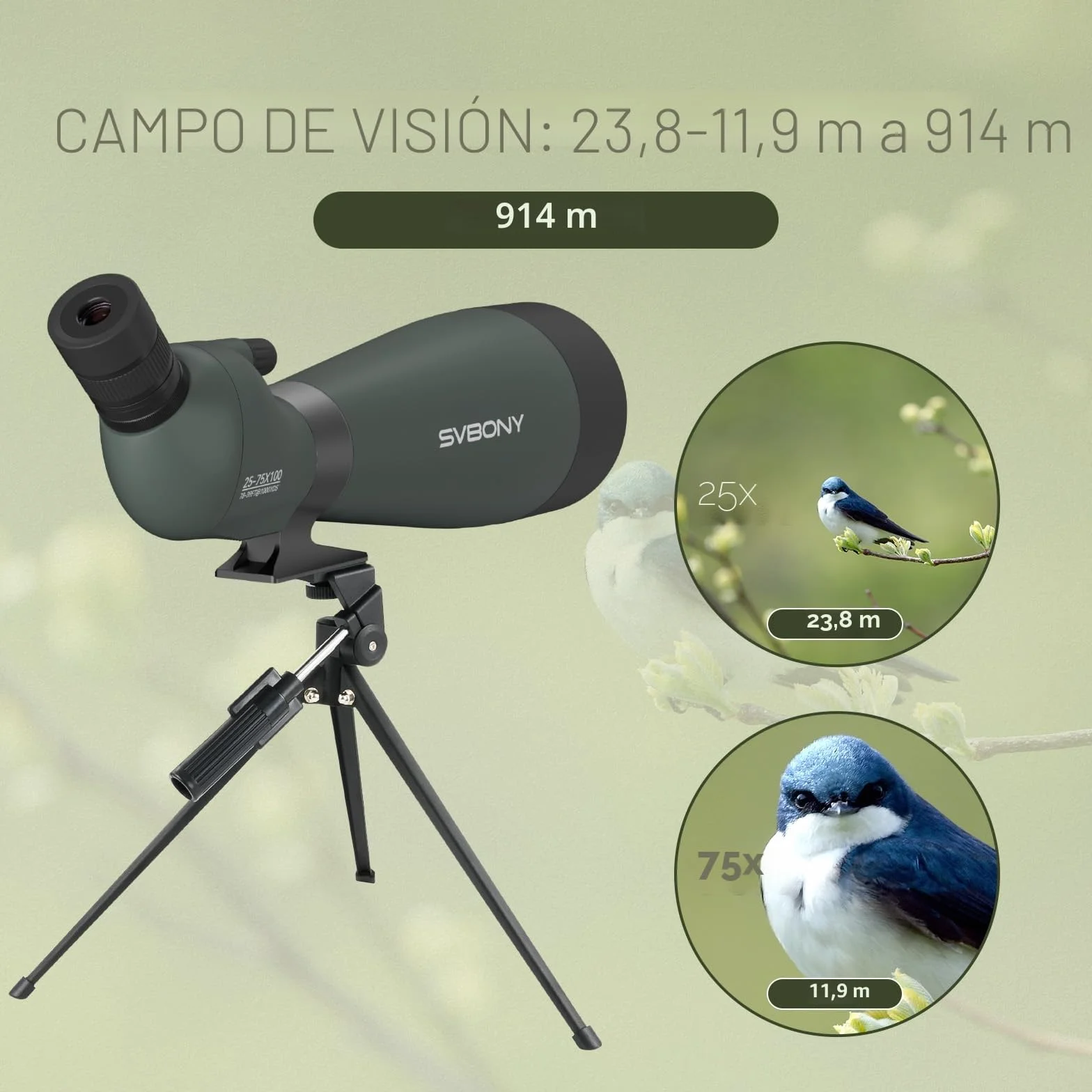 Svbony SV28 25-75x100mm Telescopio Terrestre con Trípode, Gran Campo de Visión Imágenes Claras y Brillantes, HD Bak4 FMC Telescopio Terrestre con Adaptador, para Tiro al Blanco, Observación de Aves