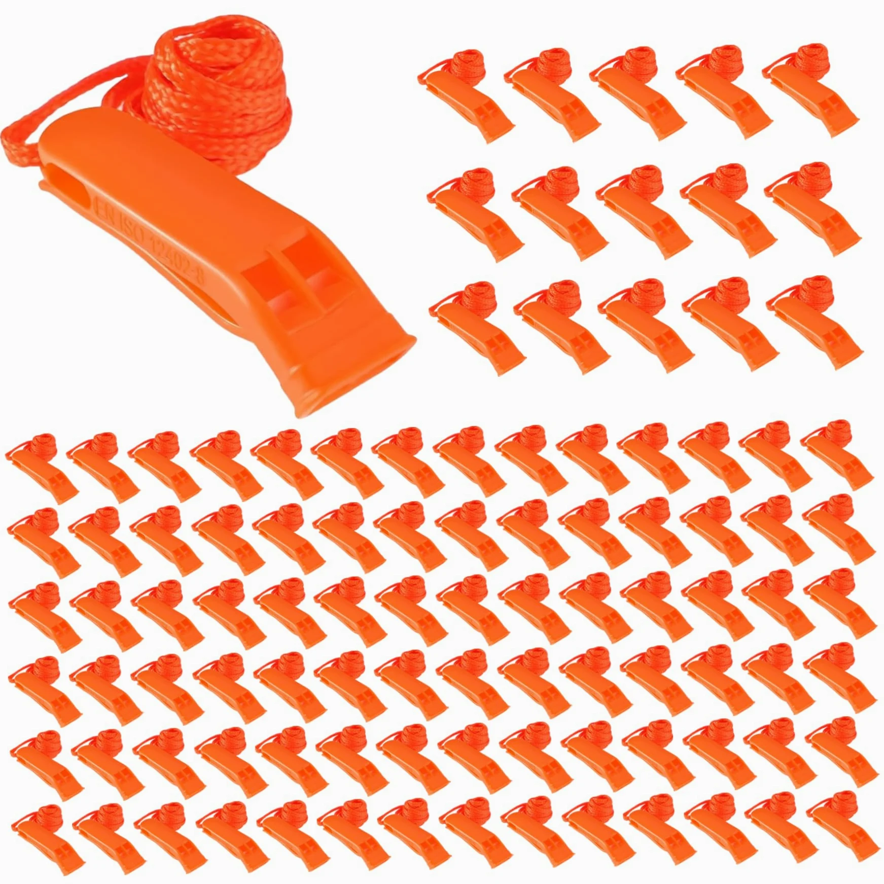 Jorzer Silbato de Emergencia 100PCS Silbato de Seguridad de plástico Ruidoso con cordón Equipo de Supervivencia para Kayak Barco de Pesca Camping Senderismo Caza de Emergencia..
