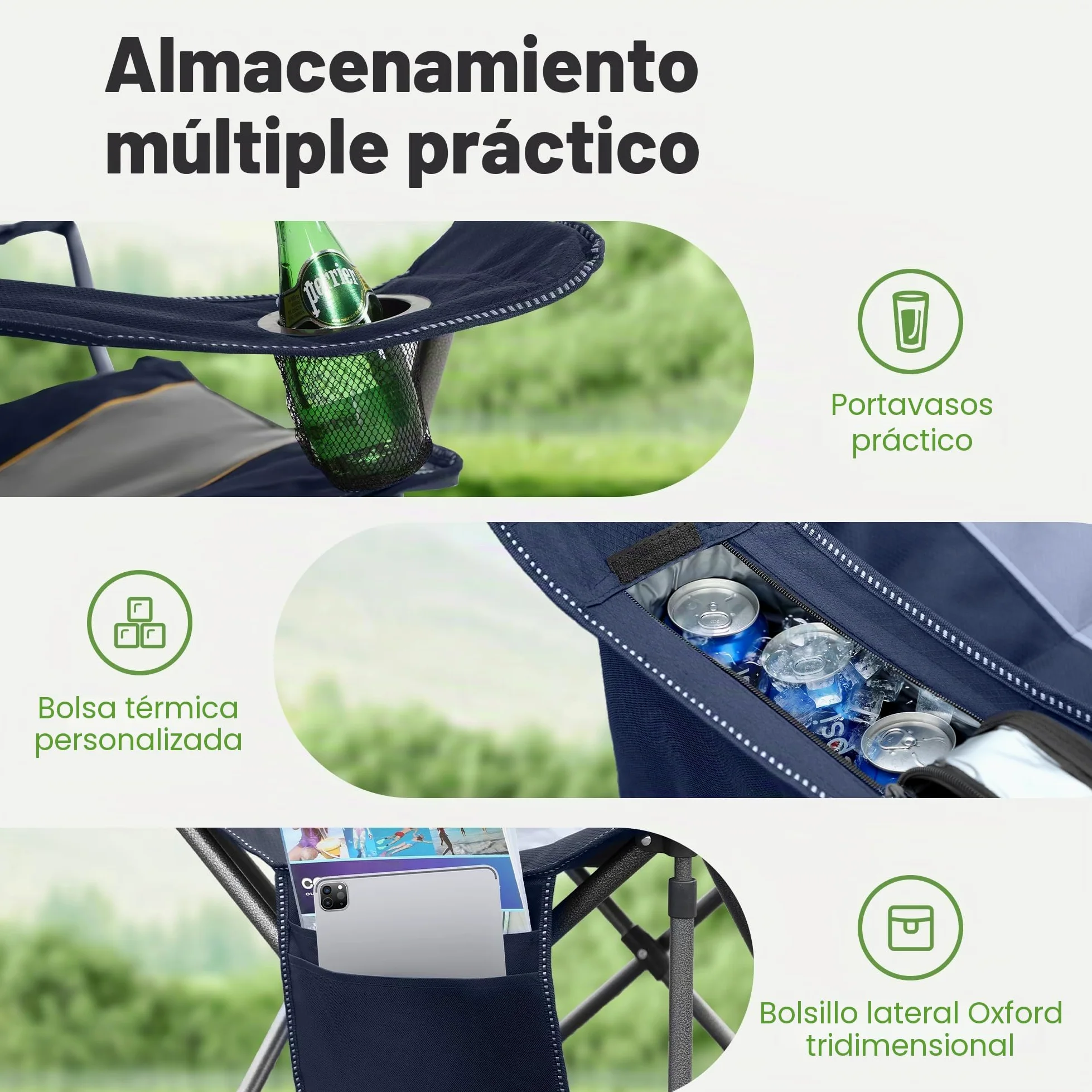 LET'S CAMP Silla de camping plegable de gran tamaño, hasta 200 kg | Con soporte para bebidas, bolsa isotérmica, silla plegable de exterior de Oxford 600D