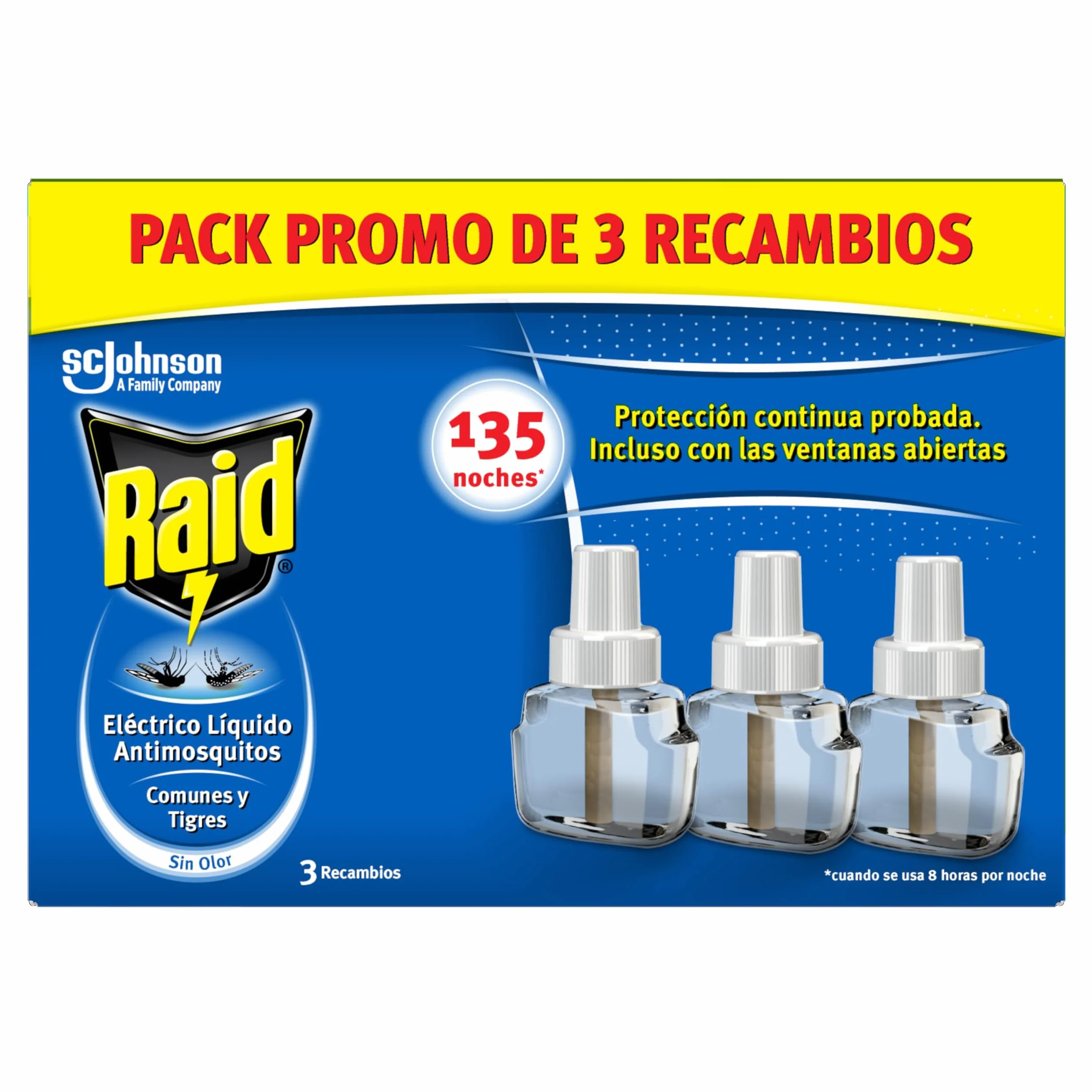 Raid Eléctrico Líquido 135 Noches Recambios Anti Mosquitos comunes y Tigre 3 recambios