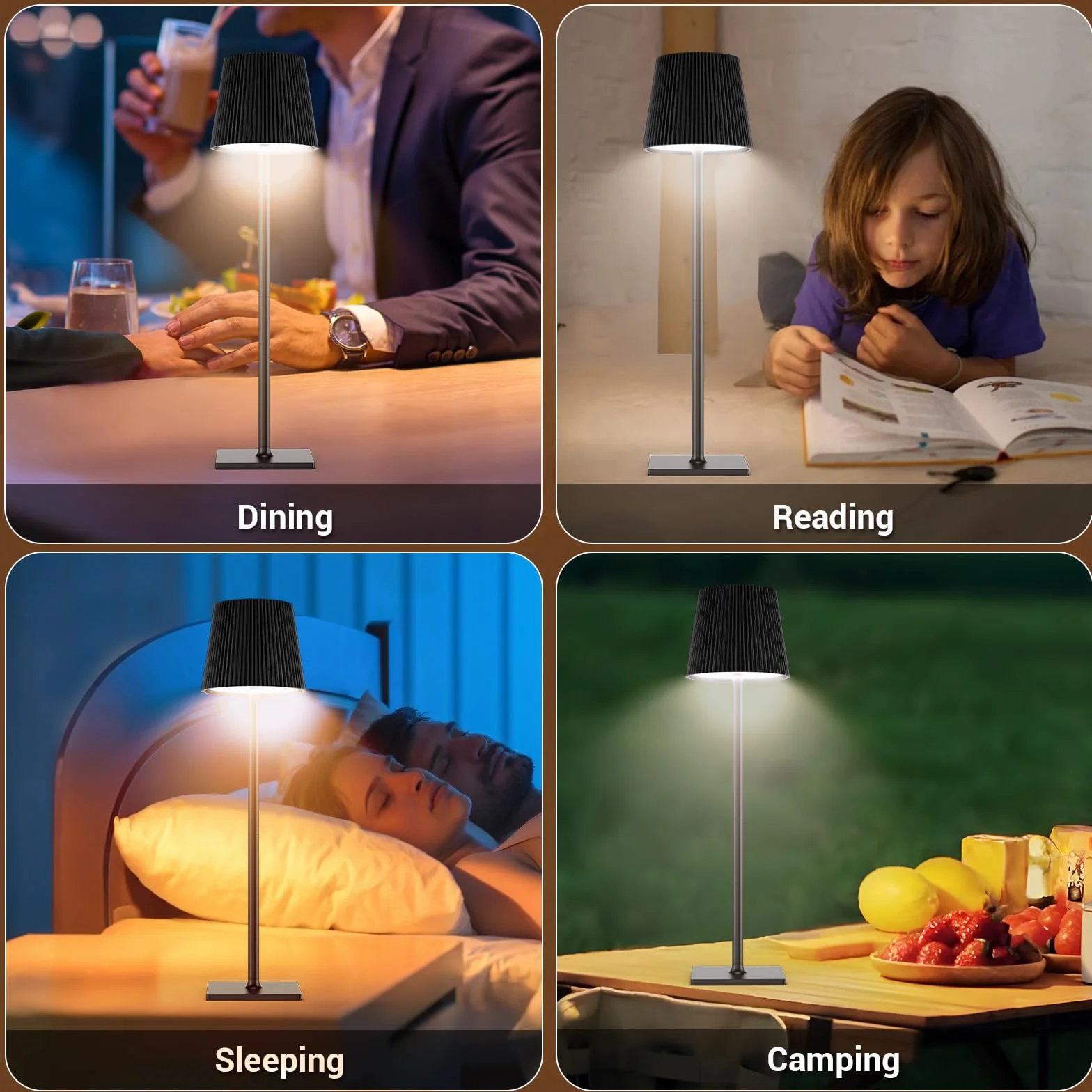 Lámpara de Mesa LED Inalámbrica Recargable con USB-C, Regulable, Negro