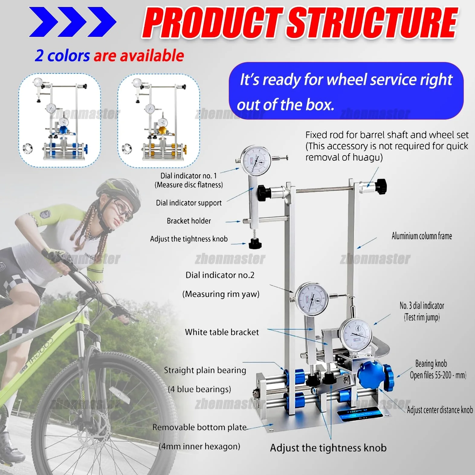Soporte para Centrar Ruedas de Bicicleta, Herramienta Profesional para Reparación de Llantas con 4 Cojinetes y Llave de Radios Multitamaño, Admite Ruedas de 16 a 29 Pulgadas, para Bicicletas(Blue)
