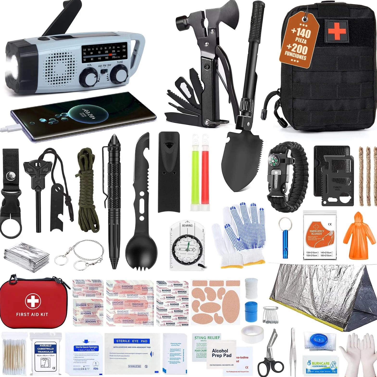 Gemmac Kit Supervivencia 140 en 1 Equipo Botiquin de Primeros Auxilios Completo, Survival Kit Catastrofe Tener 2000 mAh Radio a Pilas Linterna Camping Botiquin Hogar Caza Senderismo Montaña Regalo
