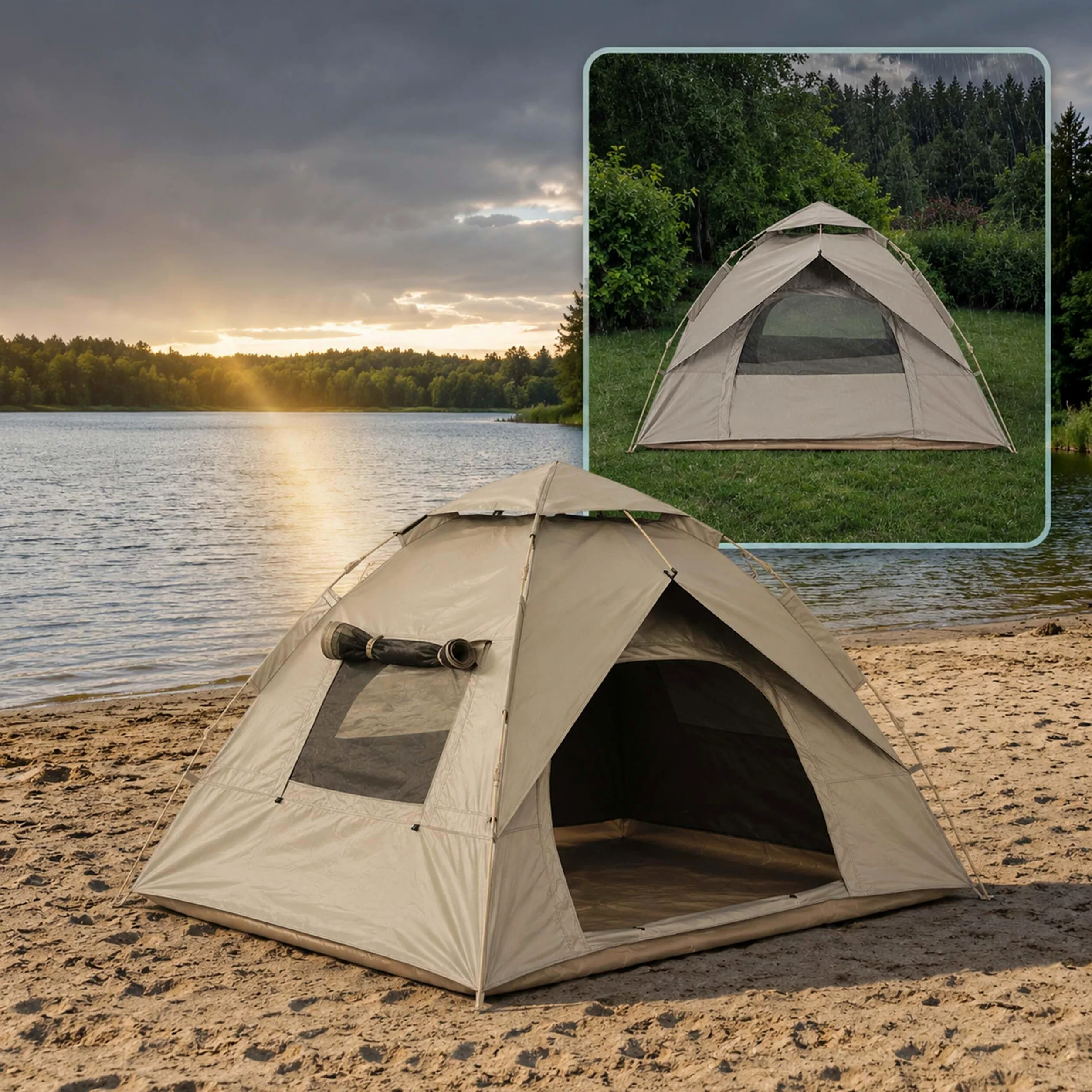 Relaxdays Tienda para 3-4 Personas, Montaje rápido y automático, Beige | protección UV, mosquitera, 145×200×220 cm