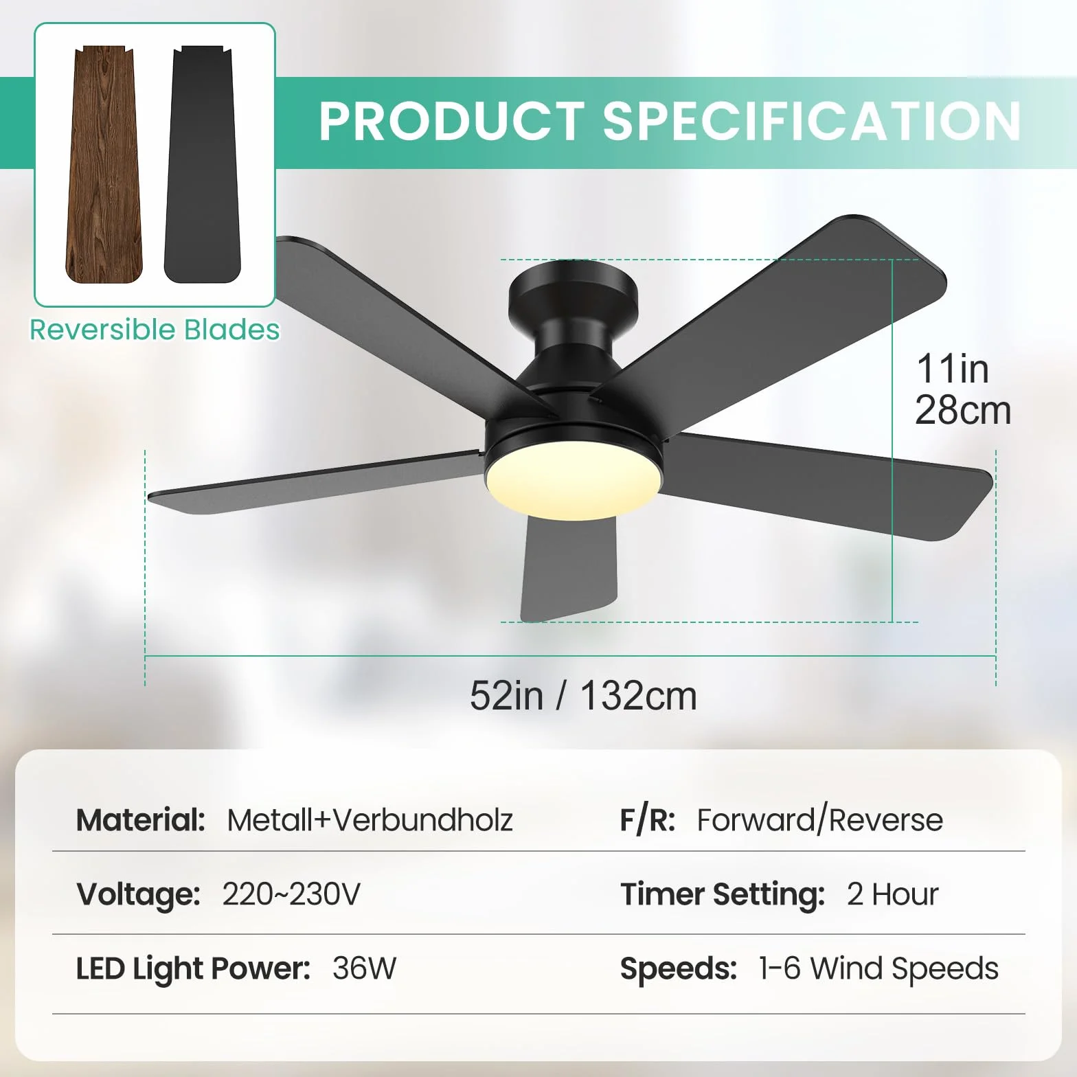 Ventilador de Techo con Luz LED 36W Regulable, 132cm, Motor DC Silencioso, 6 Velocidades, Reversible, con Mando y App