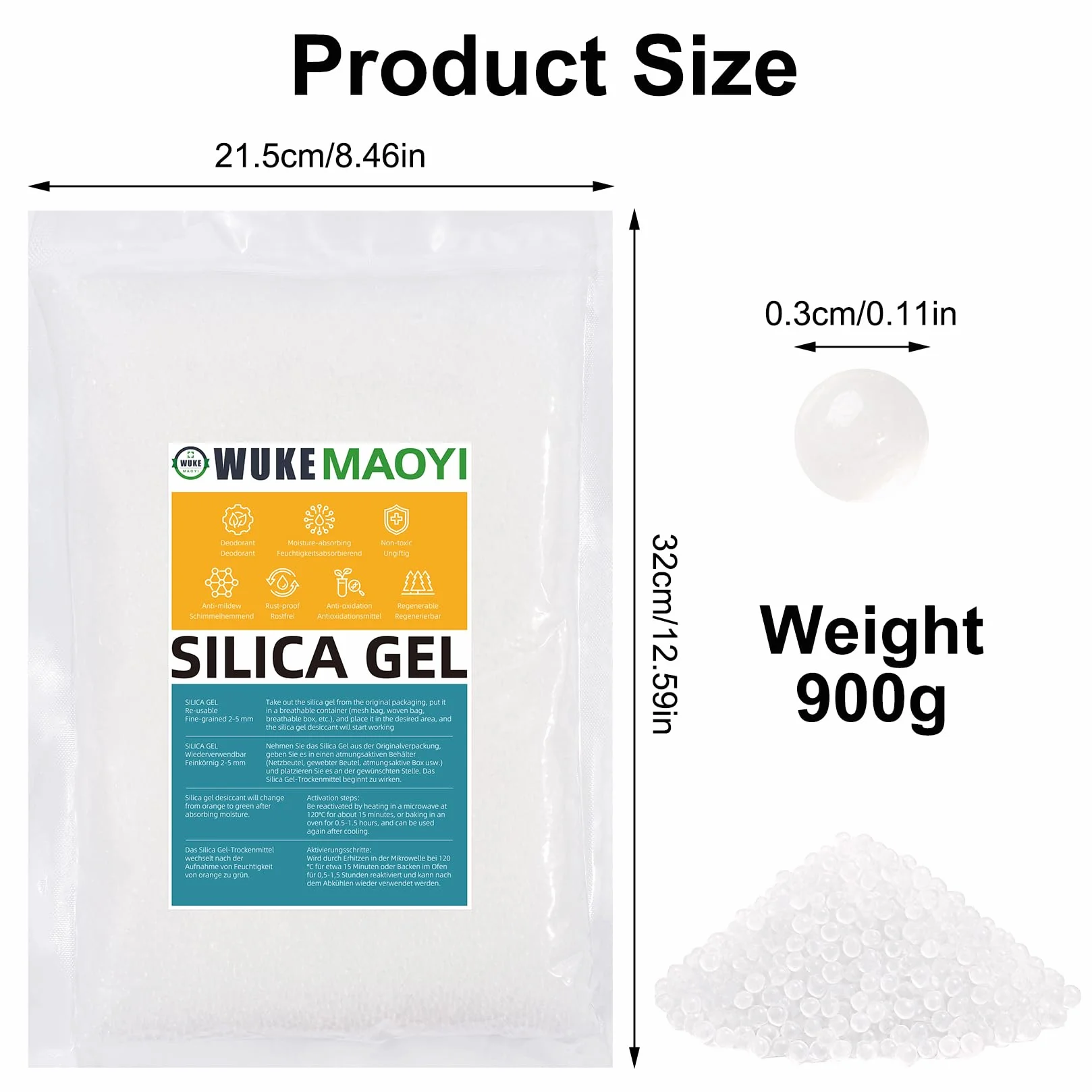 900g Silica Gel Reutilizable, Gel de Sílice, Perlas Desecantes con Indicador de Humedad de Color Naranja a Verde