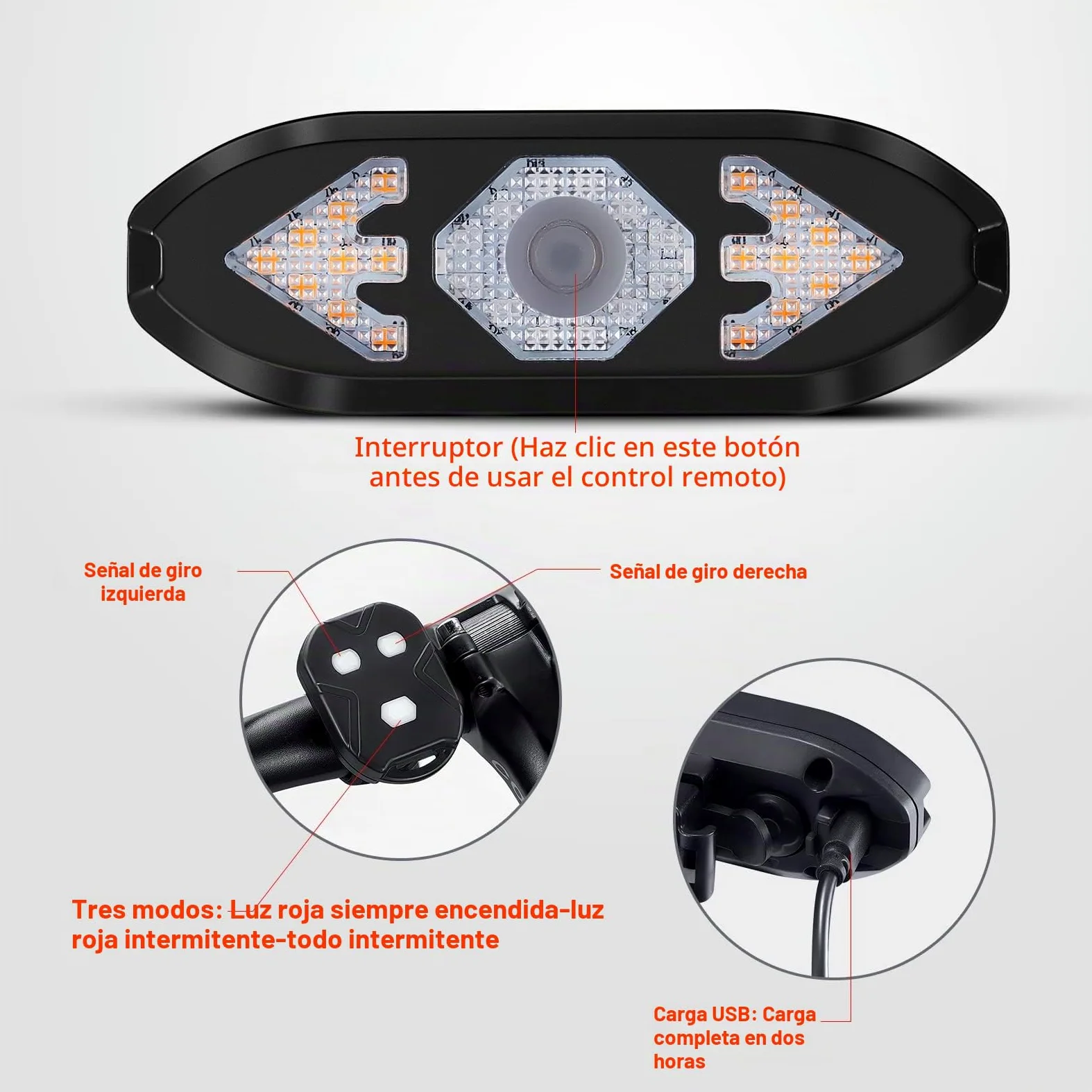 Luz trasera inalámbrica para bicicleta con intermitentes, mando USB, impermeable, ultrabrillante