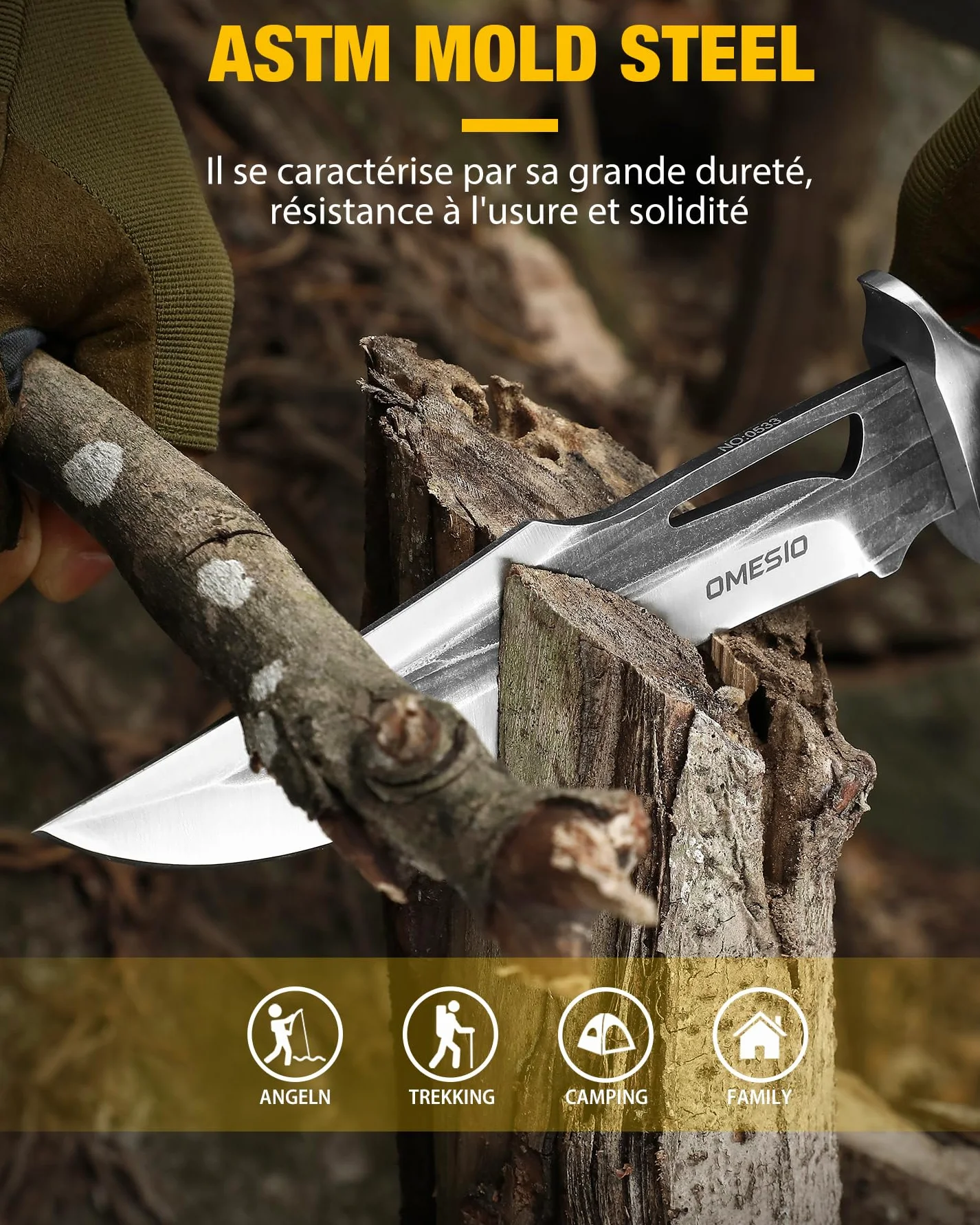 Omesio Cuchillo de Hoja Fija con Funda, 11.22'' Full Tang Cuchillos de Caza de Supervivencia para Hombres
