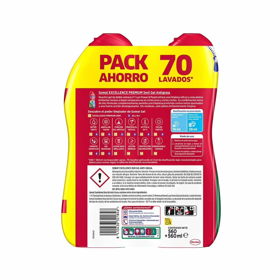 Somat Excellence Gel Anti-Grasa 70 lavados, detergente lavavajillas desengrasante líquido