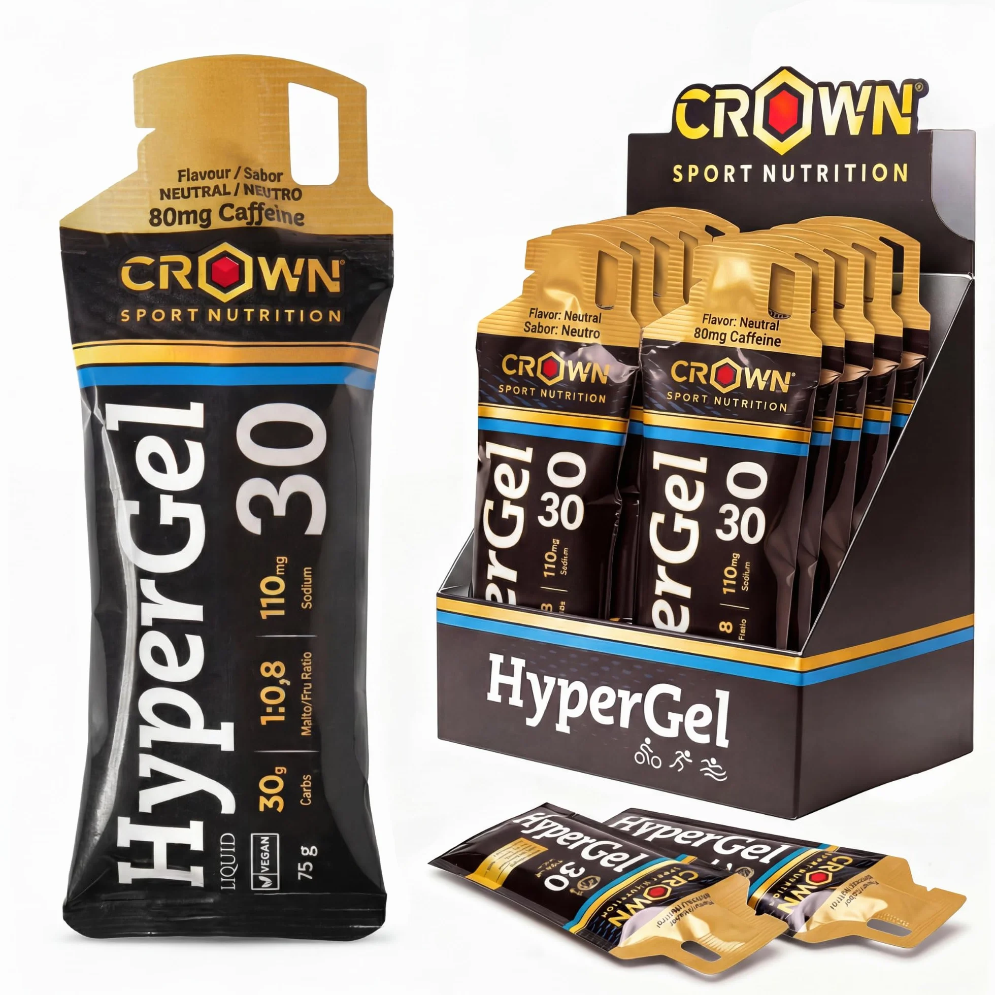 Crown Sport Nutrition HyperGel 30 Gel Energético Running Ciclismo 30 g Carbohidratos Cafeína 80 mg Sodio 110 mg Sin Aditivos Vegano