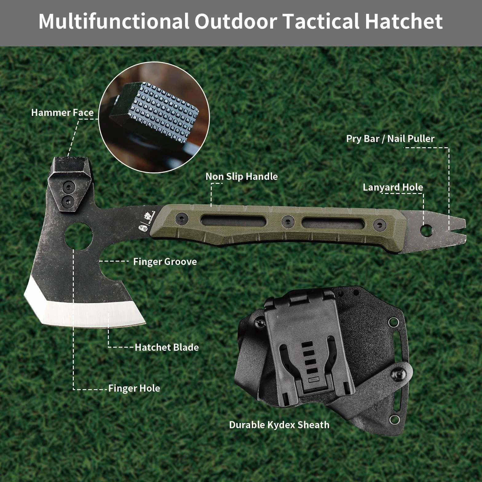 HX OUTDOORS Hacha de Partido Multifuncional, Hacha Táctica de Supervivencia y Campismo de Tanga Completa，Hachas de Mano para Campismo y Bushcraft con Martillo y Sacacorchos (Verde Militar)