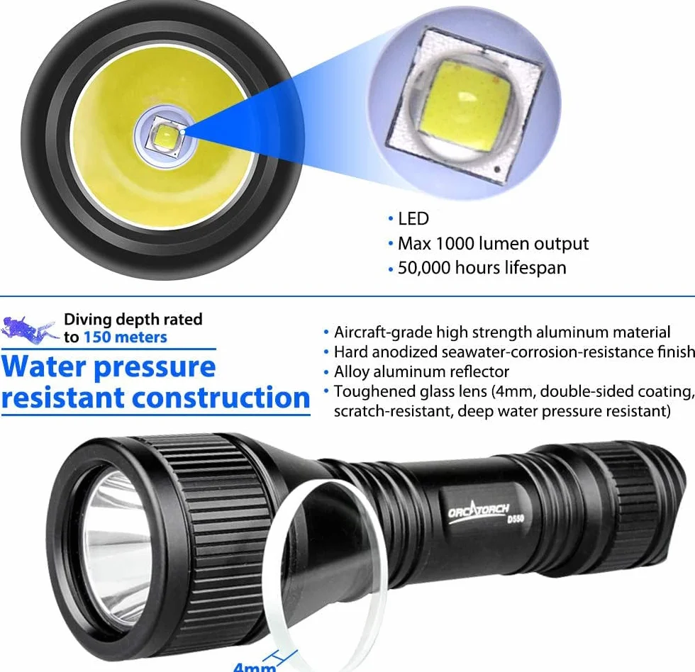 ORCATORCH D550 Linterna de Buceo, 1000 Lúmenes Super Brillante Bajo El Agua LED Linterna De Buceo Con 3 Modos, IP68 Impermeable Night Dive Antorcha 150 Metros Luz Sumergible