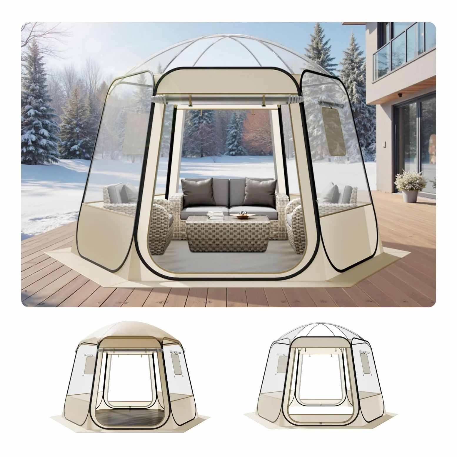 VEVOR Tienda de Campaña Plegable, 305 x 275 x 220 cm, Impermeable y Resistente a Los Rayos UV, Tienda Transparente con Ventanas y Vista Panorámica de 540° para 4-8 Personas para Patio y Jardín