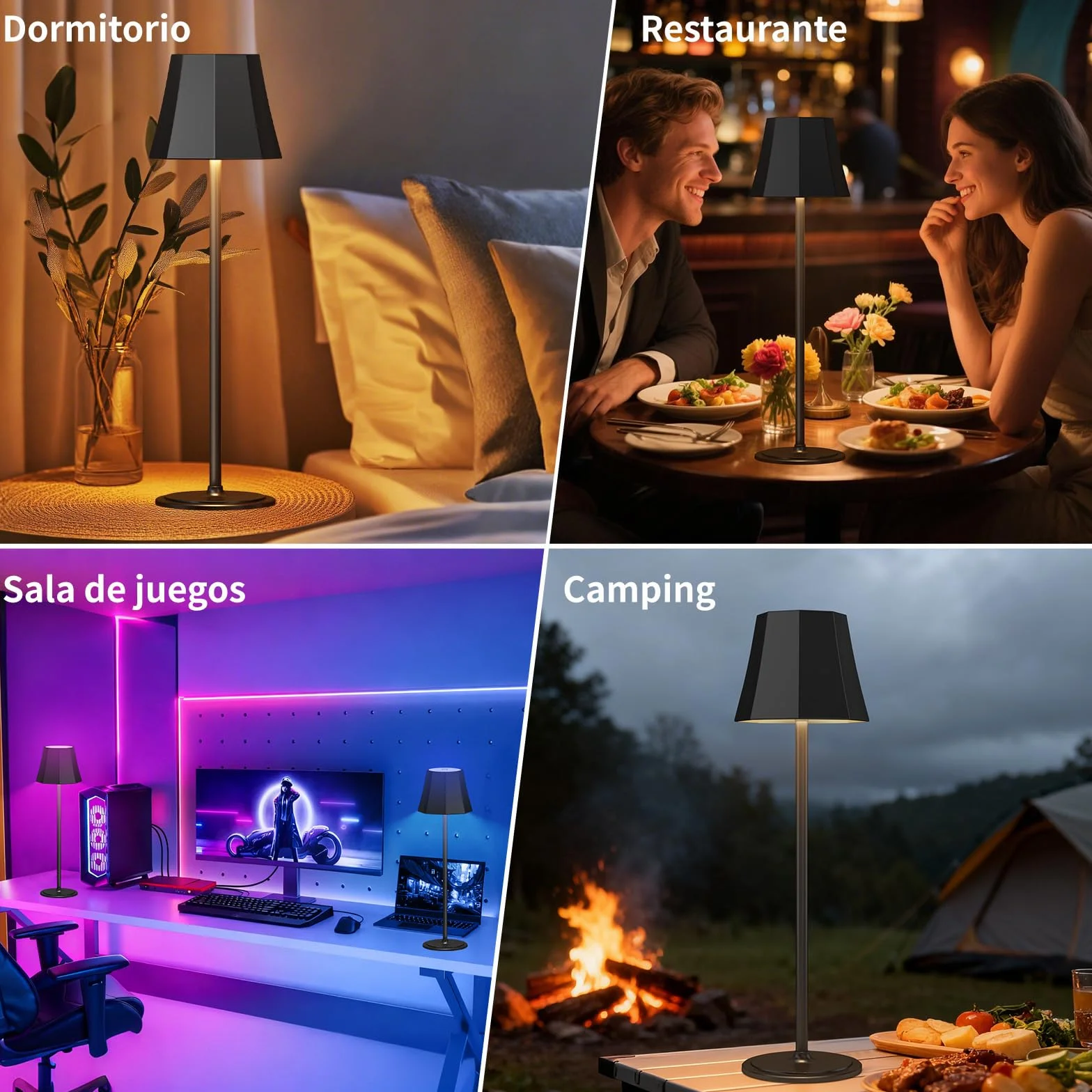 Suright Lámpara de Mesa Sin Cable 3 Temperaturas de Color RGB Recargable Brillo Ajustable 2 Alturas IP54 Impermeable