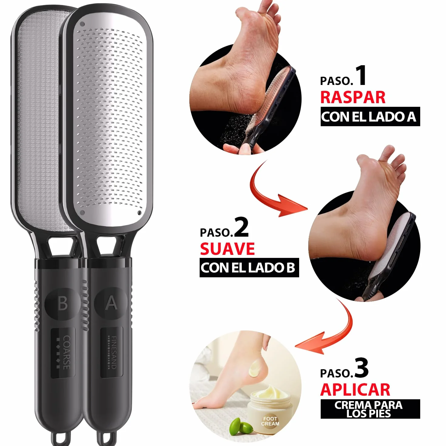 Raspador Doble Textura Acero Inoxidable Antideslizante Mango Ergonómico Pedicura Manual