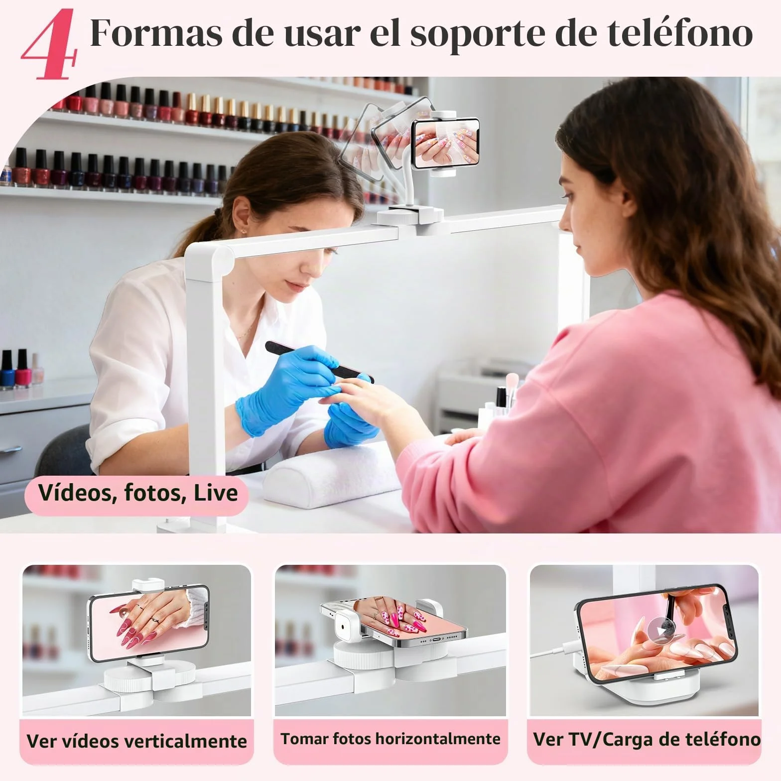Media Luna Lámpara para Uñas 34" con Soporte 3 Modos de Color 10 Niveles de Brillo Ajustables Blanco