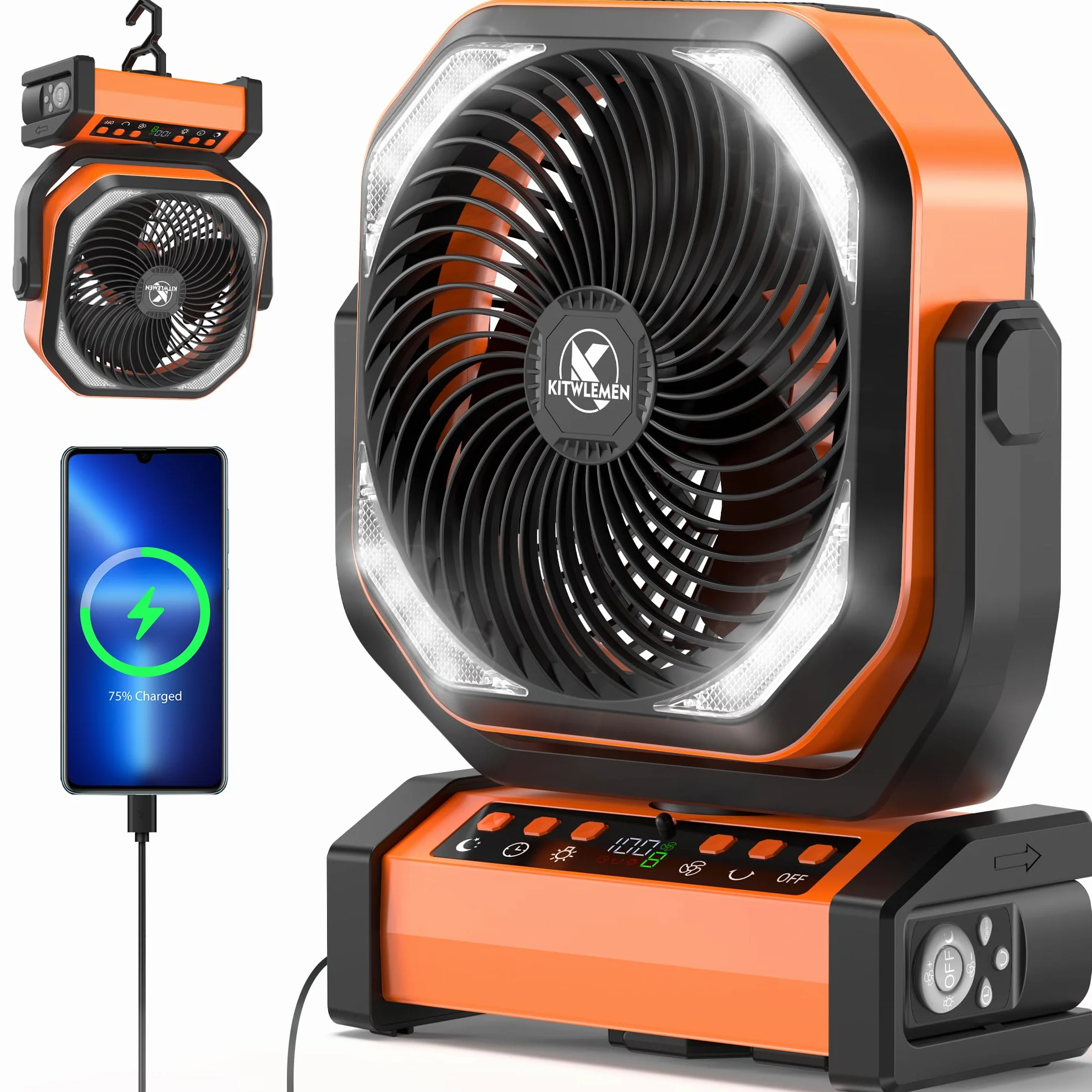 Kitwlemen Ventilador de Camping 20000mAh 112h 9 Velocidades Temporizador Oscilación Automática 270° Gancho