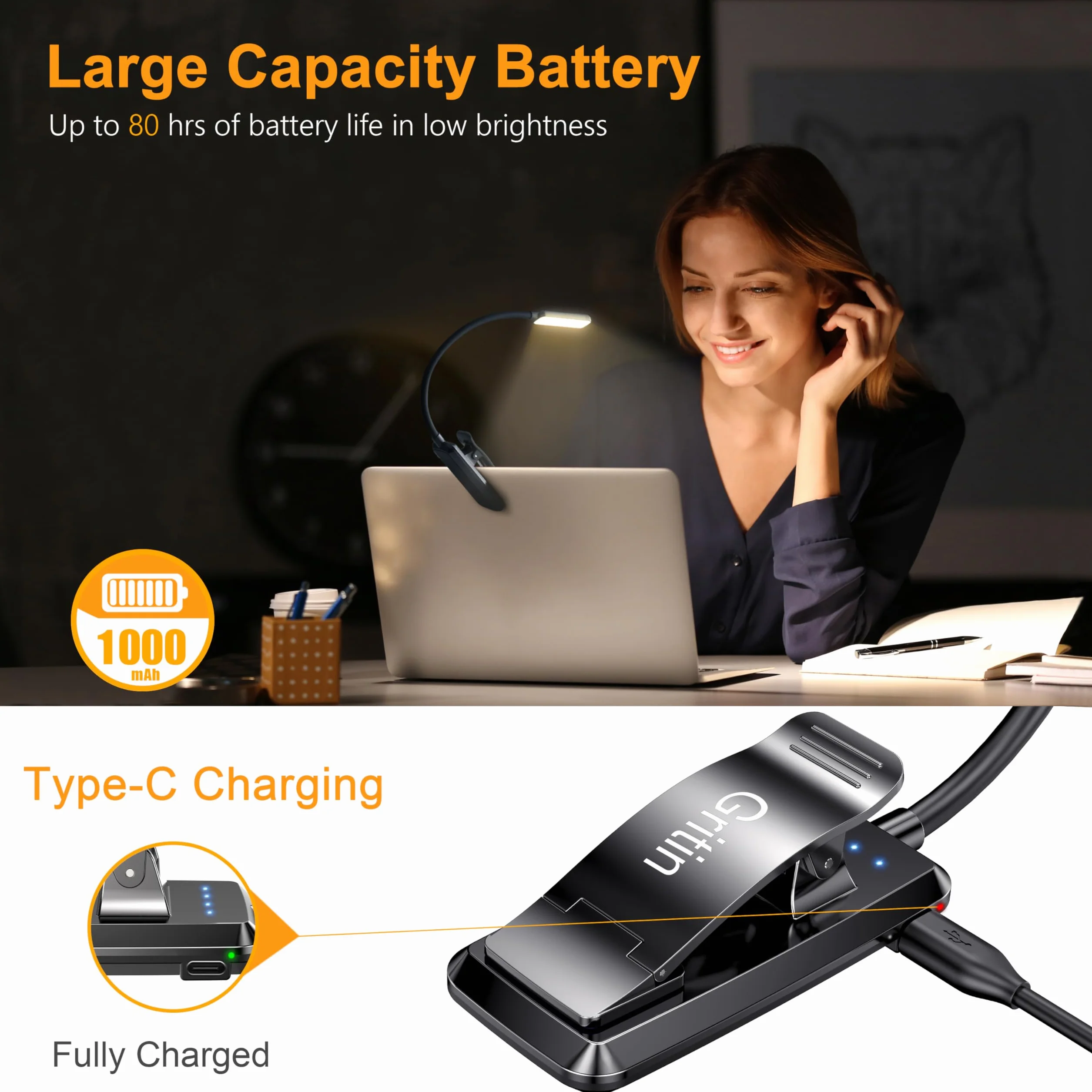 Gritin Lampara de Lectura Recargable con 9 LED 3 Modos Proteccion Ojos, Atenuacion Continua, Bateria Larga Duracion, 360° Flexible