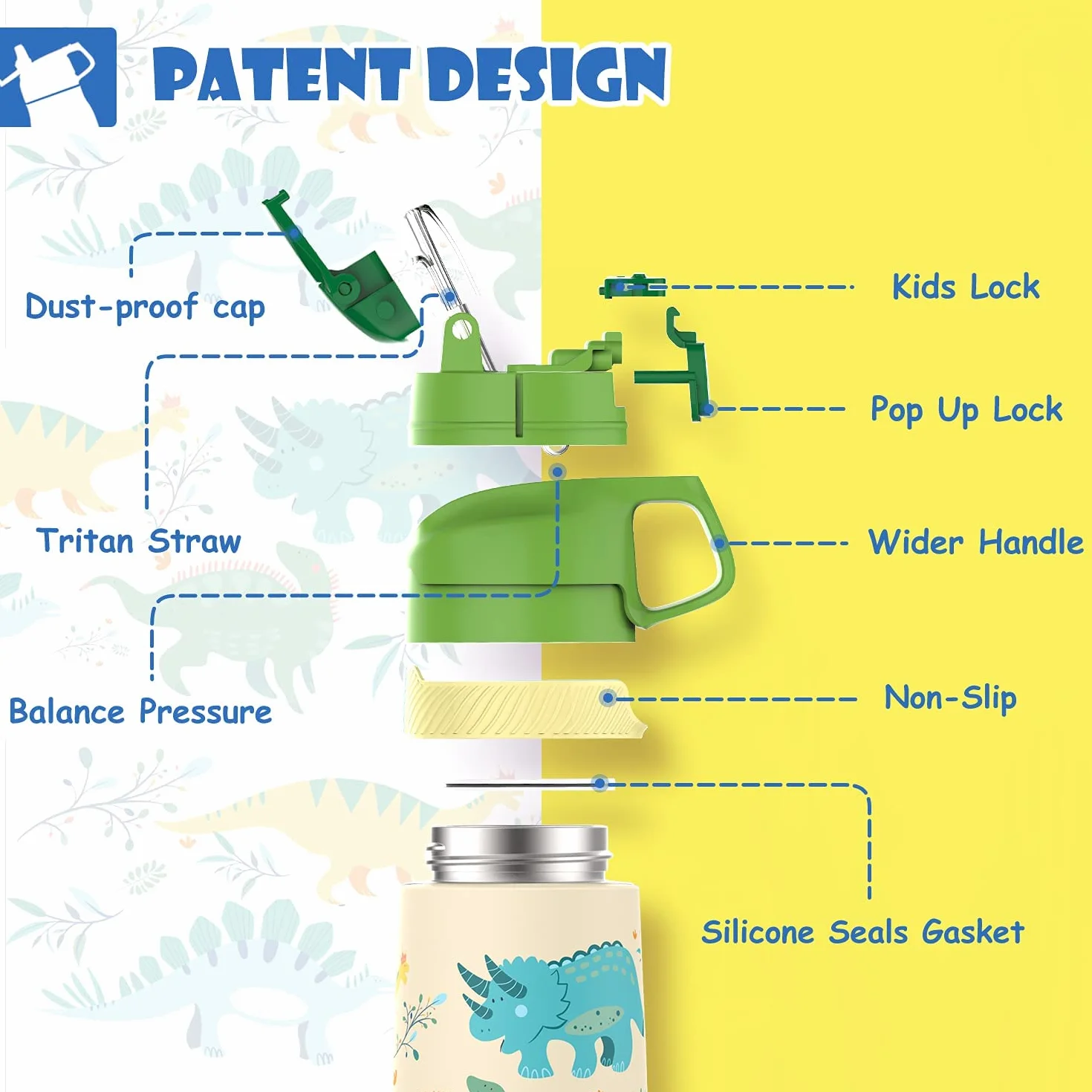FEIJIAN Botella Agua Acero Inoxidable Niños Sin BPA/Sin Fugas, 350/400ML Botella Termica con Pajita Doble Pared, Botellas de Frío/Caliente Reutilizable para Colegio
