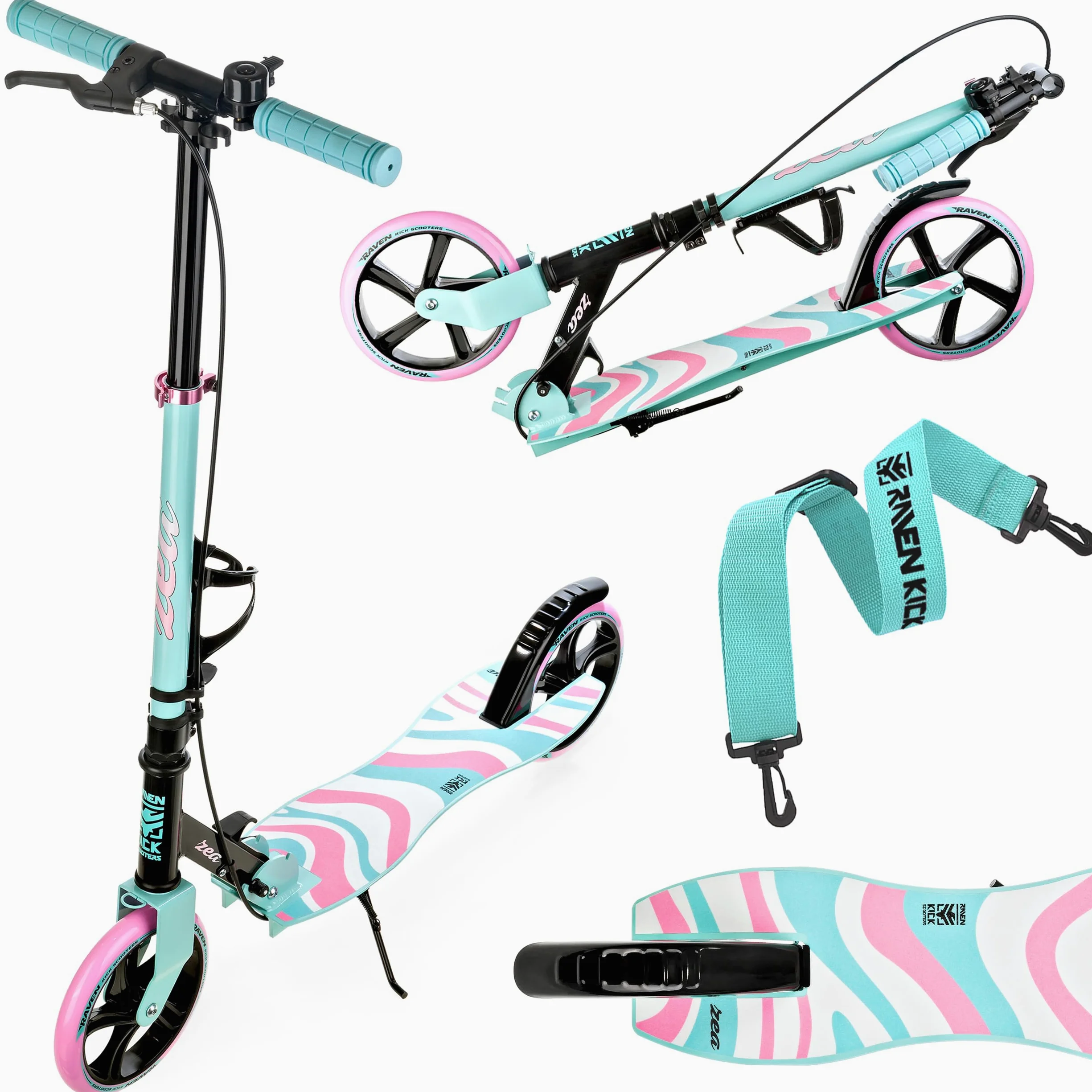 Raven - Patinete para niños y Adultos - Scooter - Patinete - Plegable, Ajustable, Correa de Transporte, Timbre, portabotellas