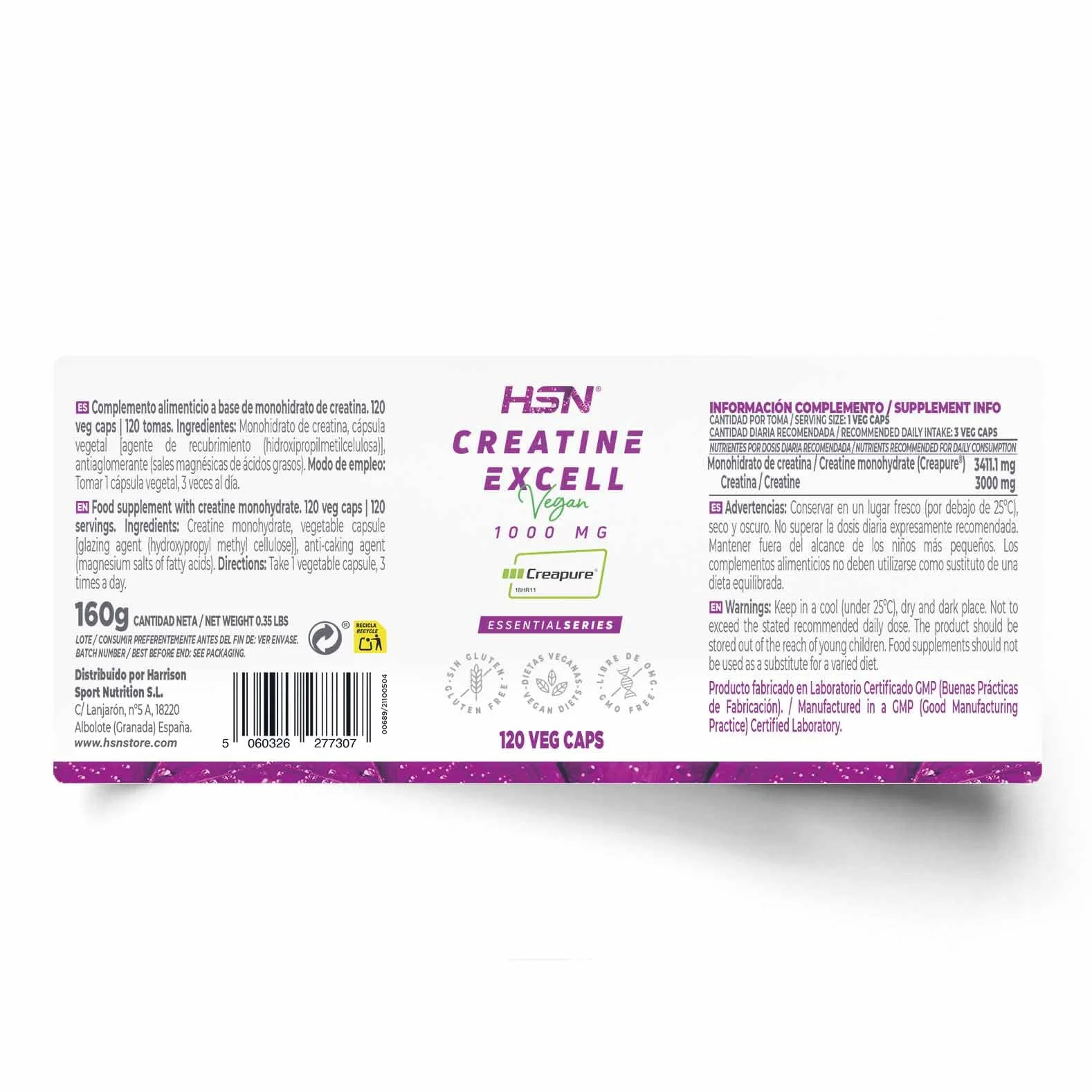 HSN Creatina 100% CREAPURE® Cápsulas 120 Unidades 40 Servicios Monohidrato de Creatina Micronizada Vegano Sin Gluten