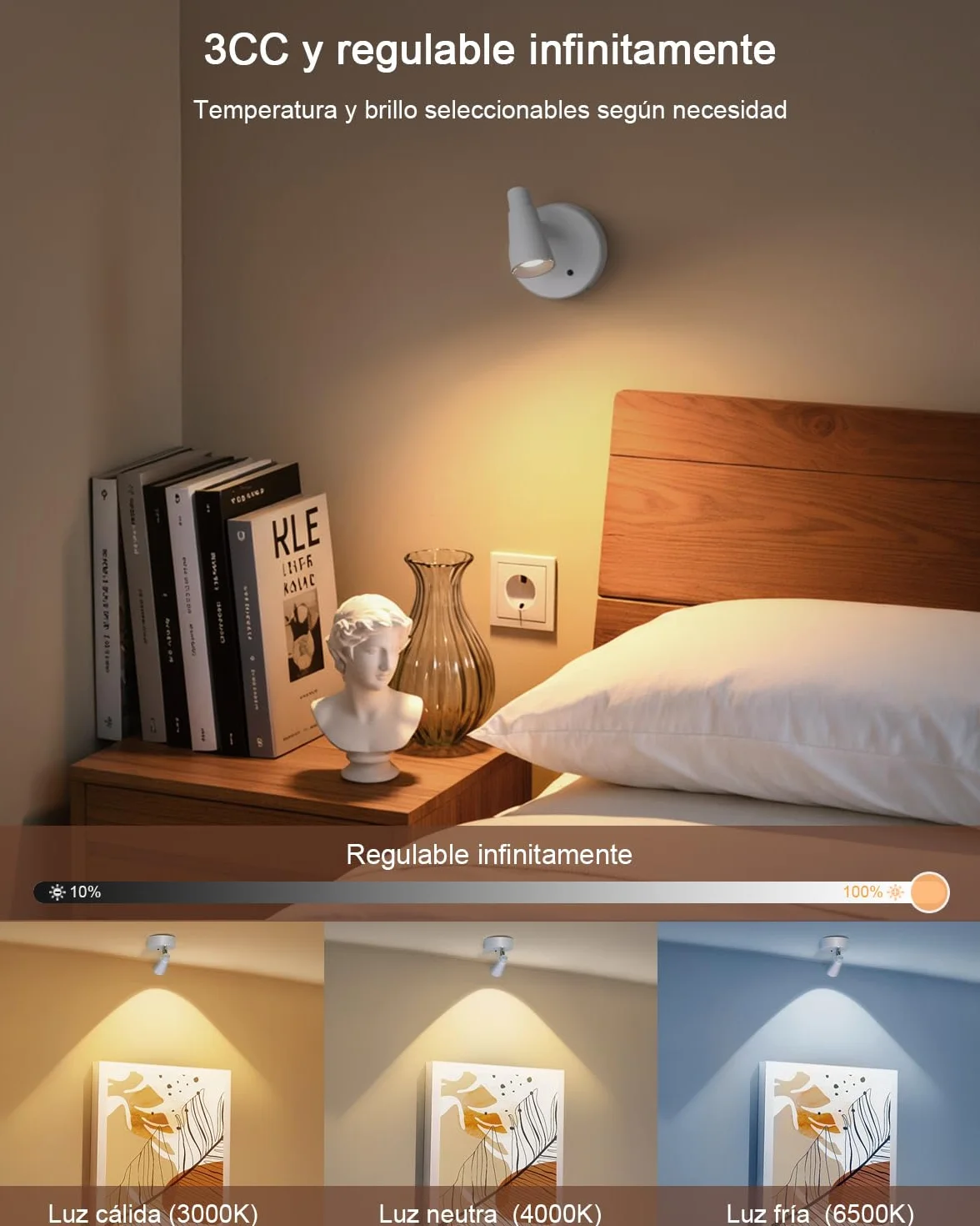 Lámpara de pared LED Recargable 5000mAh 2Pack USB 350° Giratorio 3 Colores Control Remoto Táctil