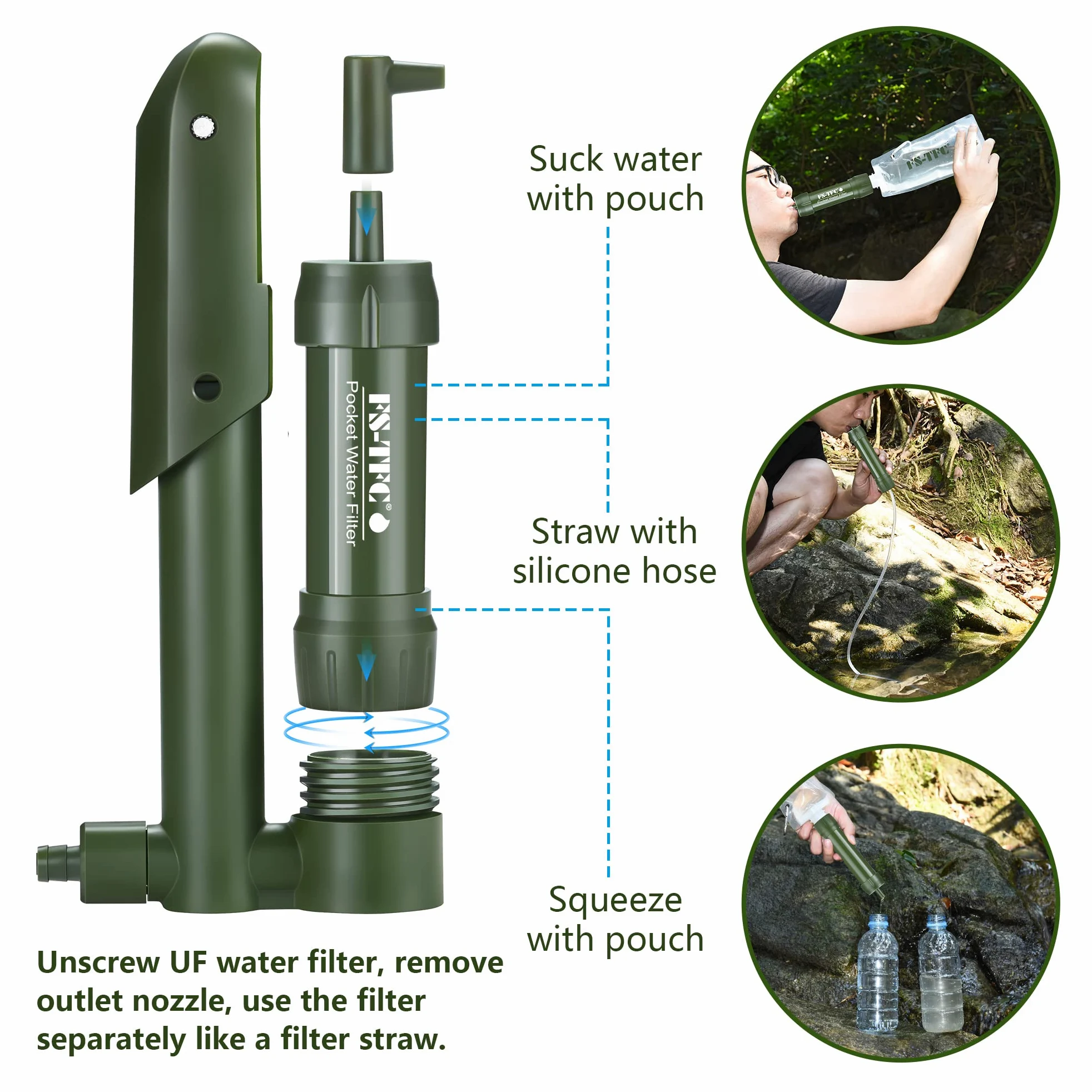 Filtro de agua de bolsillo, bomba de mano, purificador de agua portátil, equipo de supervivencia de emergencia para beber, mochileros, senderismo, camping, filtración al aire libre