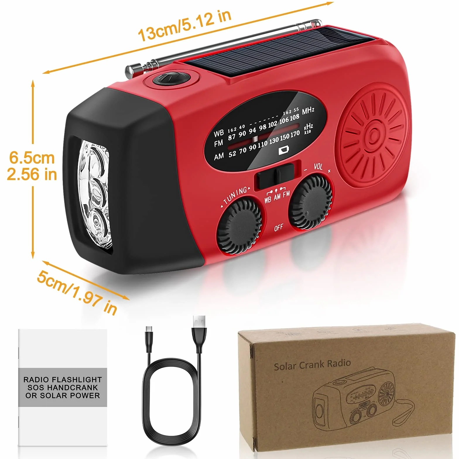 Radio Solar de Emergencia FM/AM/NOAA Portátil Manivela 2000mAh Power Bank Linterna SOS Recargable Camping