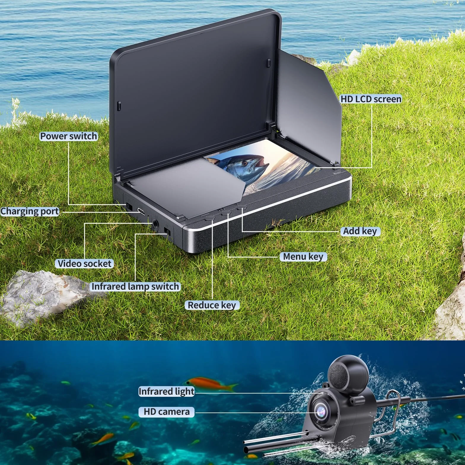 Cámara de Pesca Subacuática 4,3" IPS IP65 Visión Nocturna Infrarrojos Gran Angular