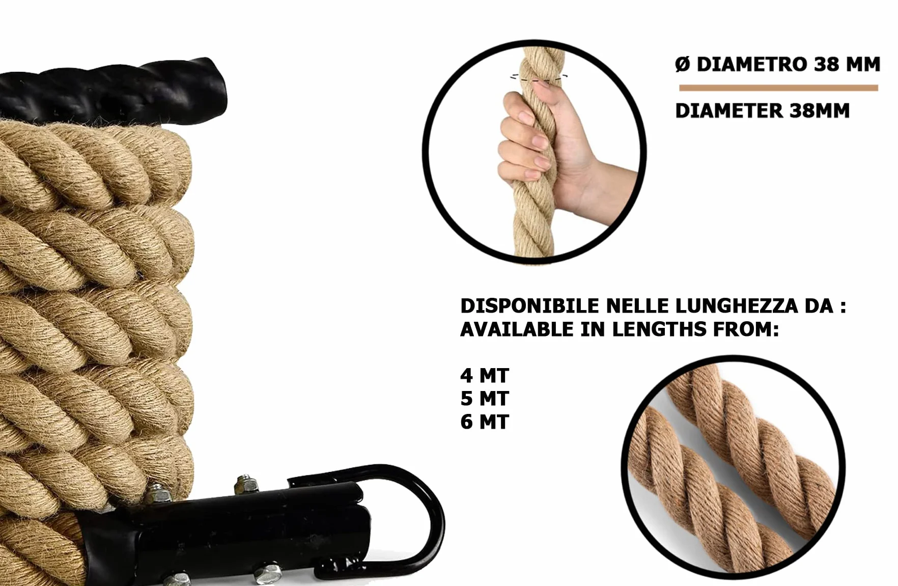 G5 HT Sport Cuerda de Escalada de 38 mm de diámetro | 4/5/6 MT | Cáñamo Trenzado | Cuerda para Fitness Cuerda Escalada Mejora Entrenamiento Muscular