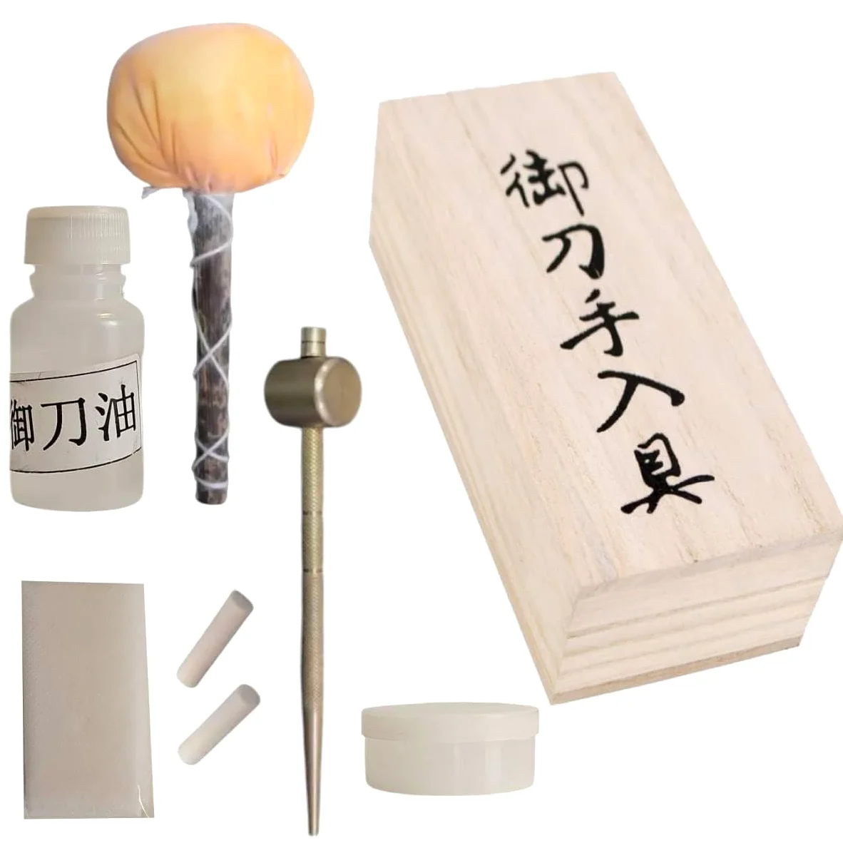 Katana Kit de Mantenimiento y Limpieza en Caja de Madera – Choji Abura, Uchiko, Mekugi de Bambú, Mekugi-Nuki, Nuguigami