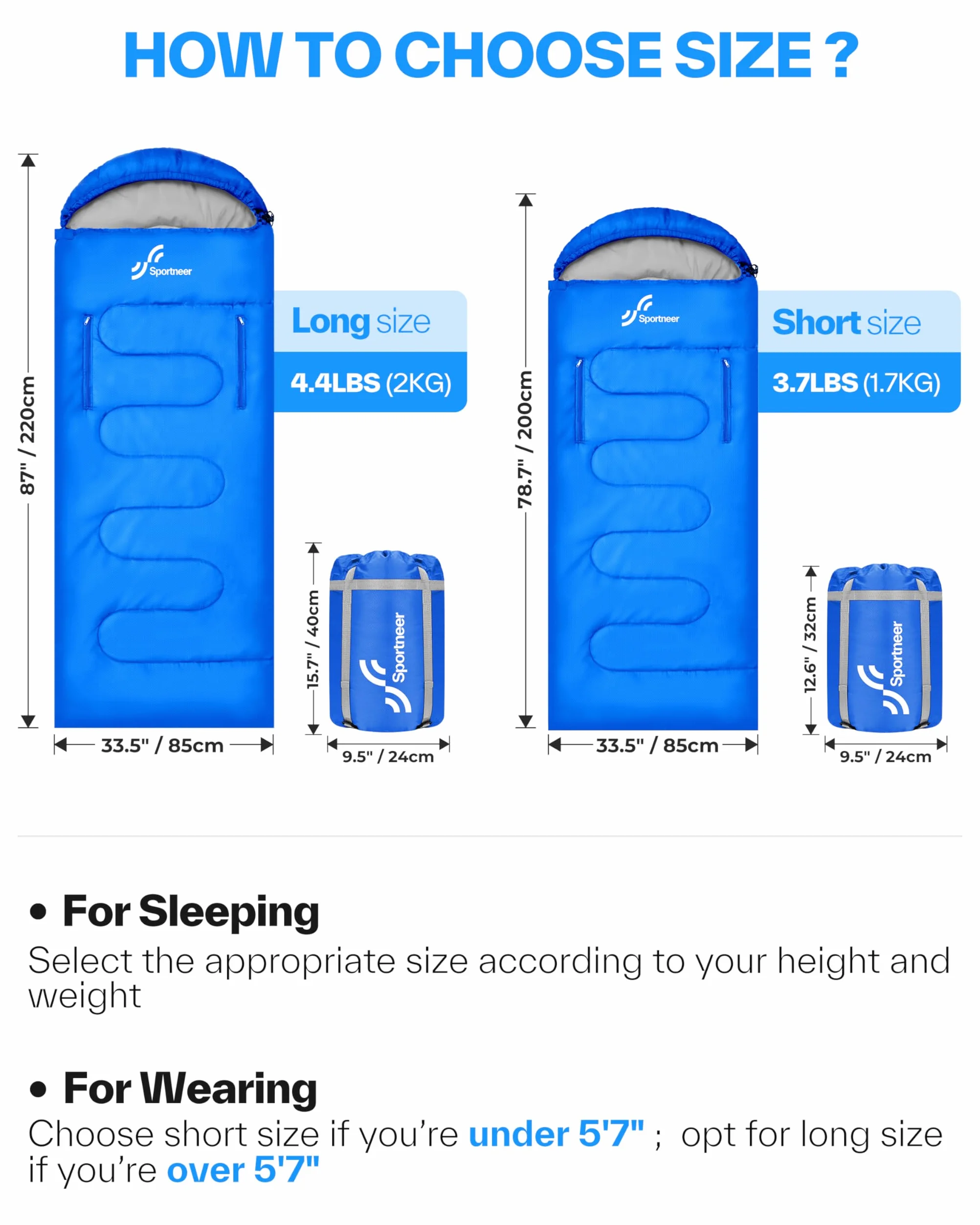 Sportneer Saco de Dormir portátil Adecuado para Las 4 Estaciones con Orificios con Cremallera para Brazos y pies Saco de Dormir Individual para Adultos para Senderismo y Viajes, 20 Grados, Azul
