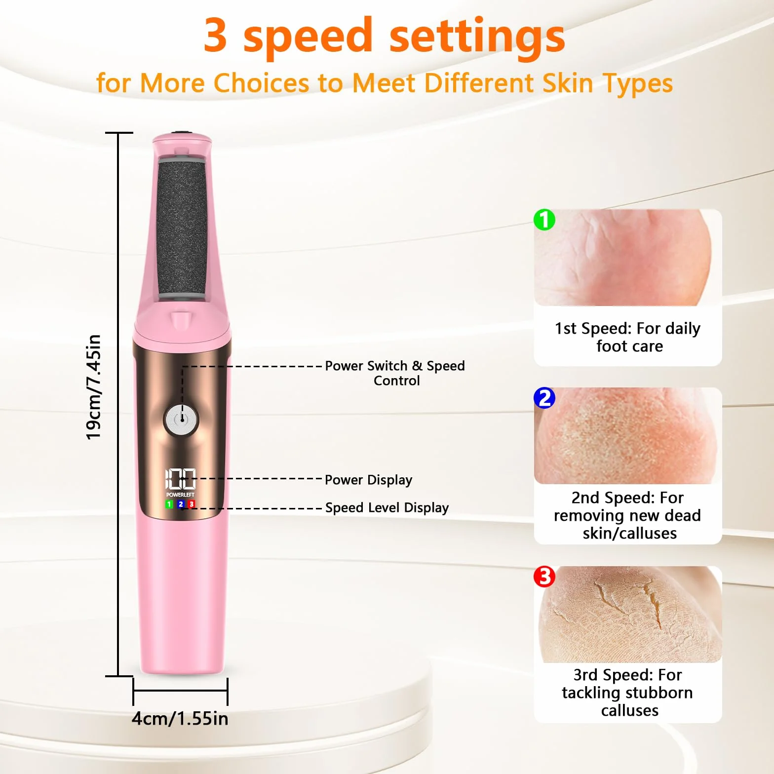 Lima Eléctrica Profesional Pedicura, 3 Velocidades, Impermeable, Larga Vida de Batería, Rosa