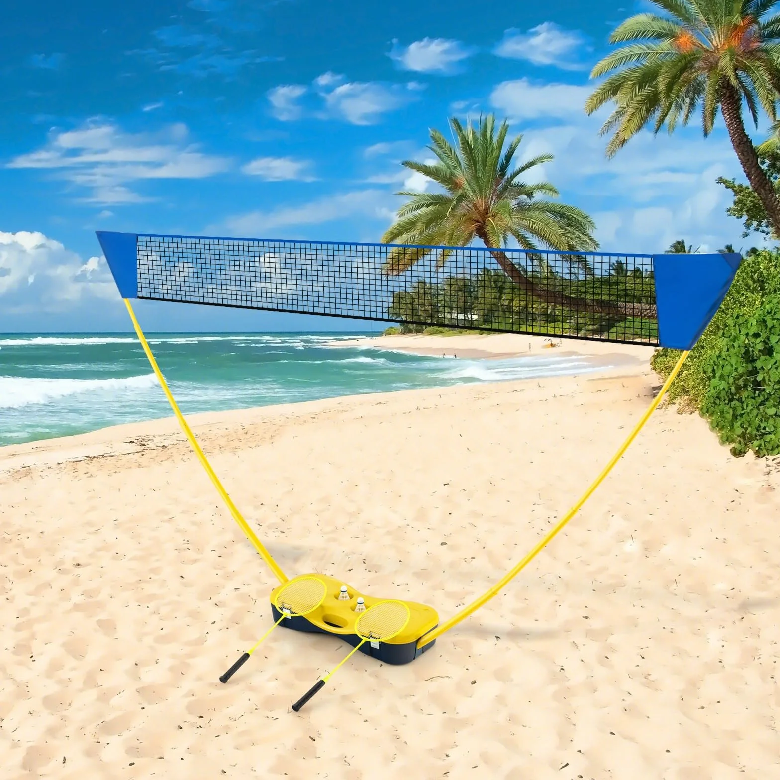 GYMAX Juego de Bádminton Portátil con 2 Raquetas, Red Premium, 2 Volantes y Estuche de Almacenamiento, para Interiores y Exteriores (Amarillo)