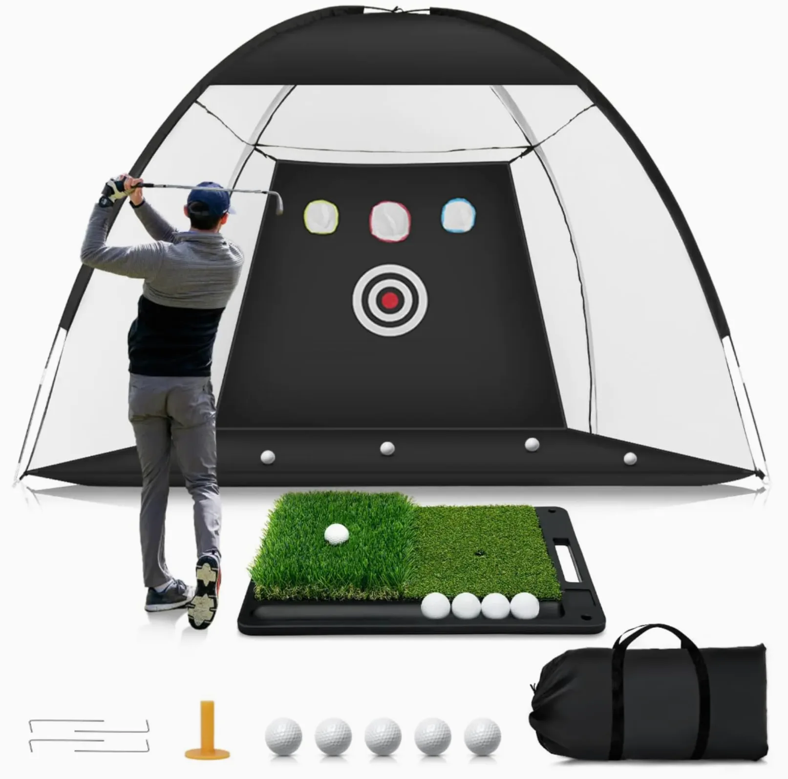 Jaula de golf de práctica 5 en 1 10 x 7 pies con objetivos de astillado, juego completo con alfombrilla, pelotas, camisetas y bolsa de transporte