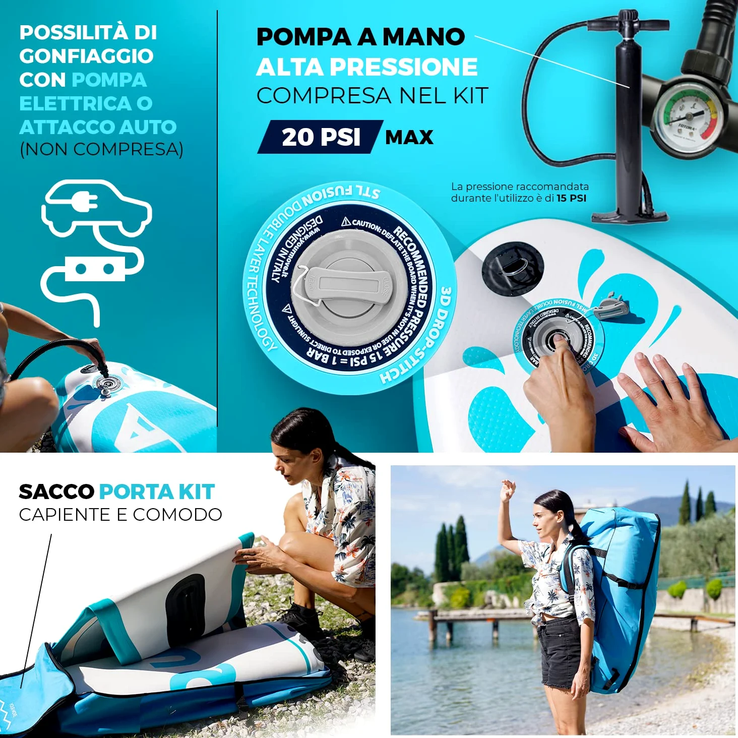 YM SUP hinchable Premium 10'6" (320 x 82 x 15 cm) 304 litros, máx. 145 kg, tecnología 3D Drop Stitch HD + STL-Fusion, anillas mochila Leash y accesorios incluidos, marca Italia, Stand Up Paddle