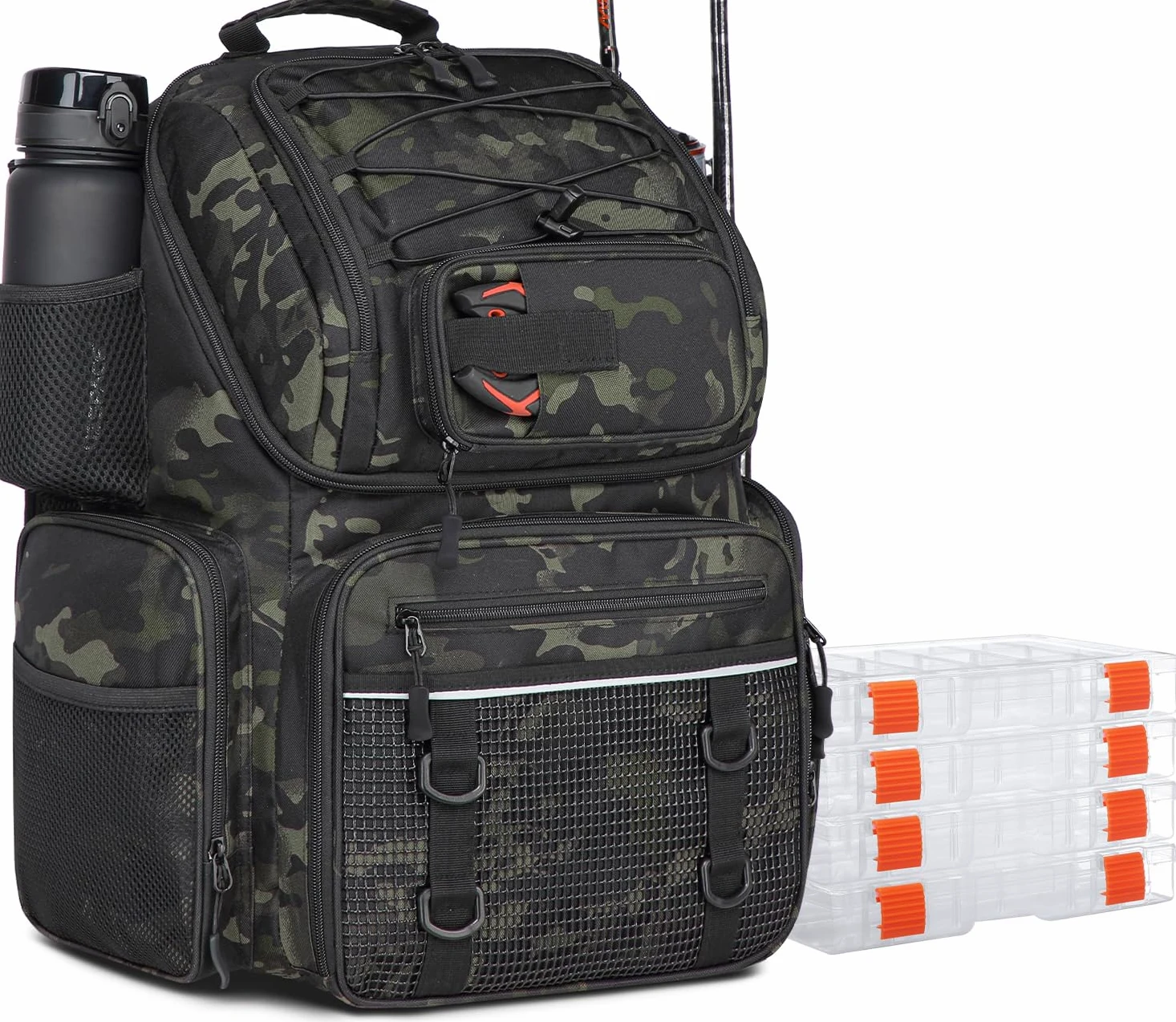 Mochilas Pesca con 4 Cajas Lure Bolsa de Pesca de 50L con Compartimento Frigorífico Resistente al Agua Grande (Camo)